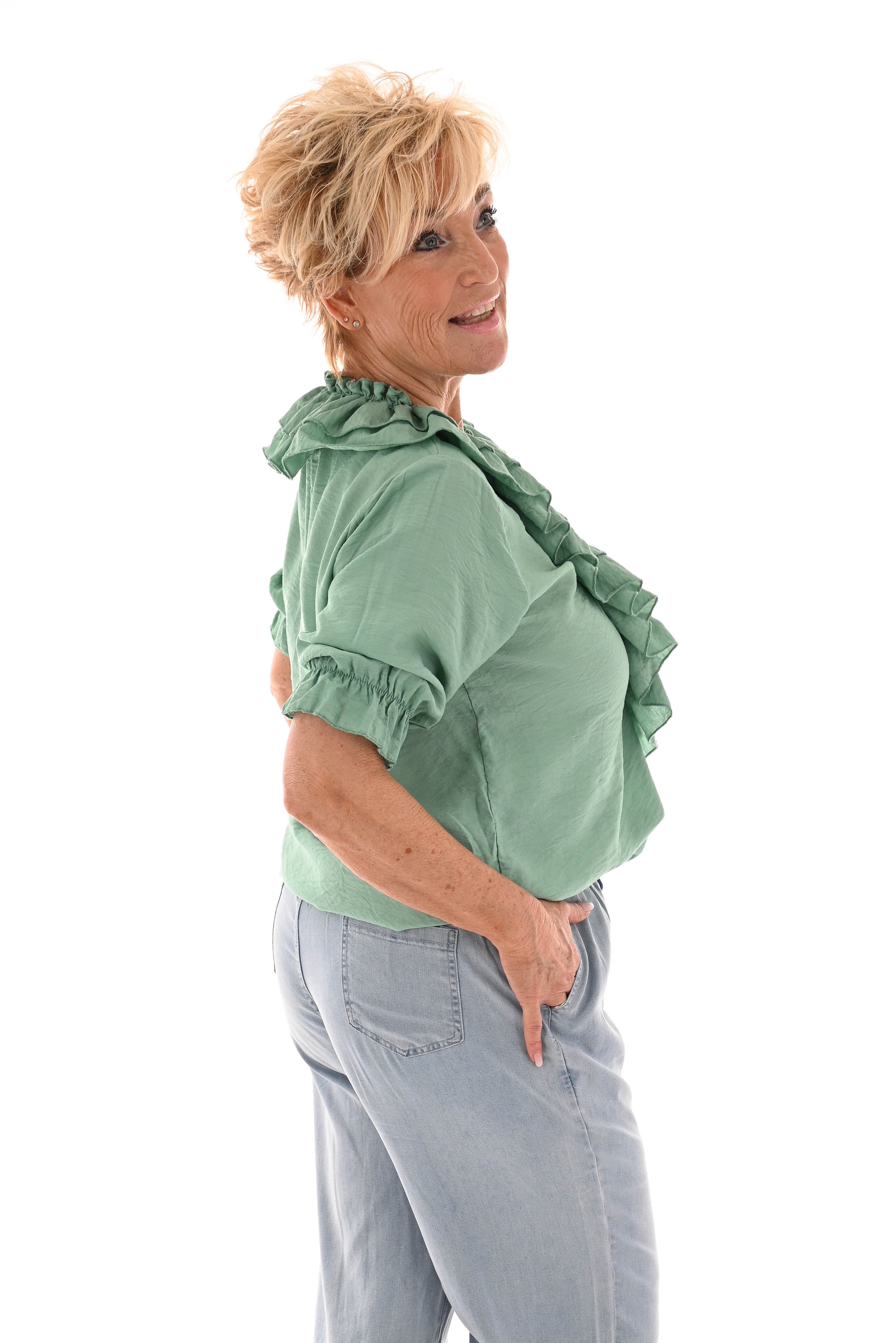 Blouse met roezels v-hals korte mouwen groen