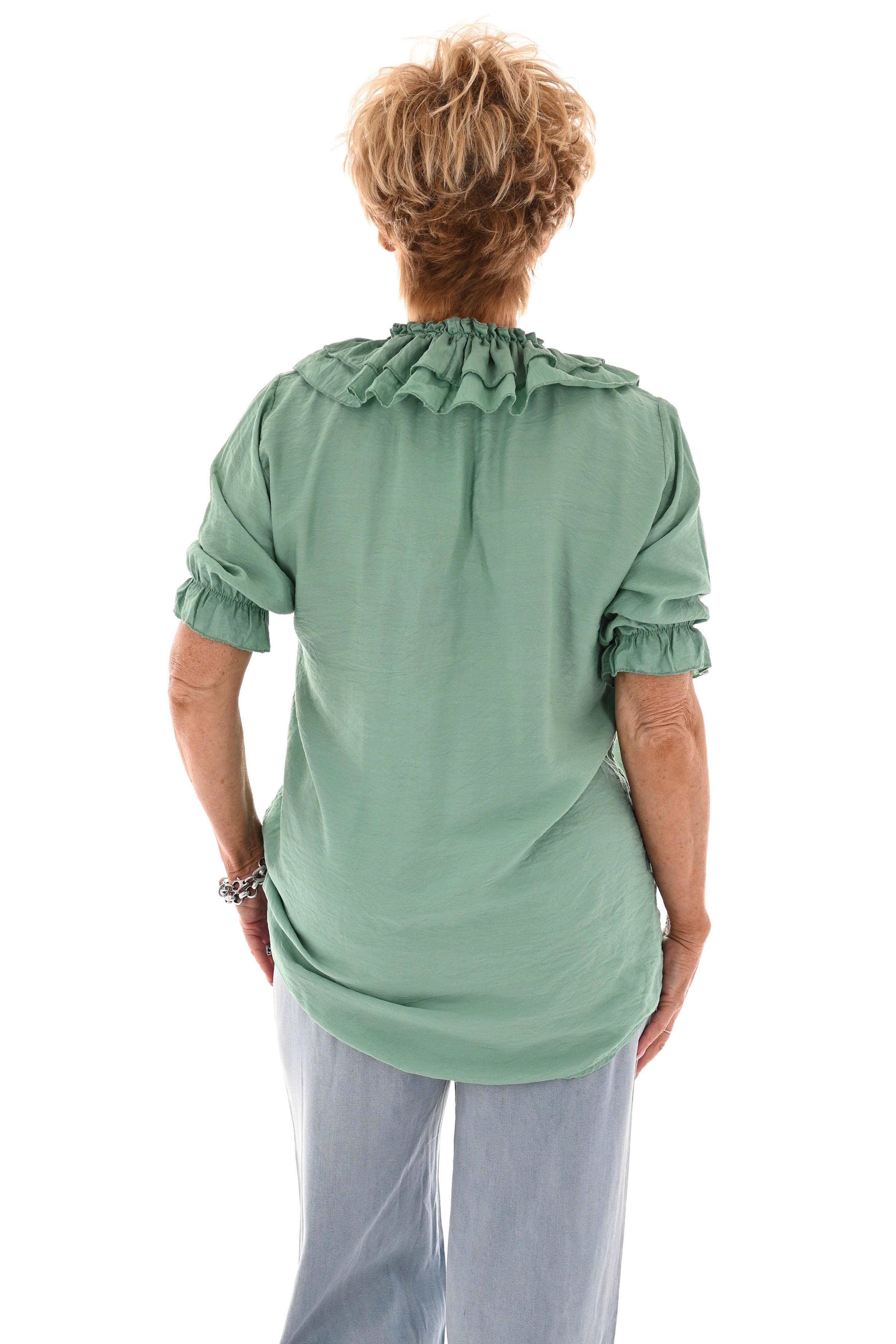Blouse met roezels v-hals korte mouwen groen