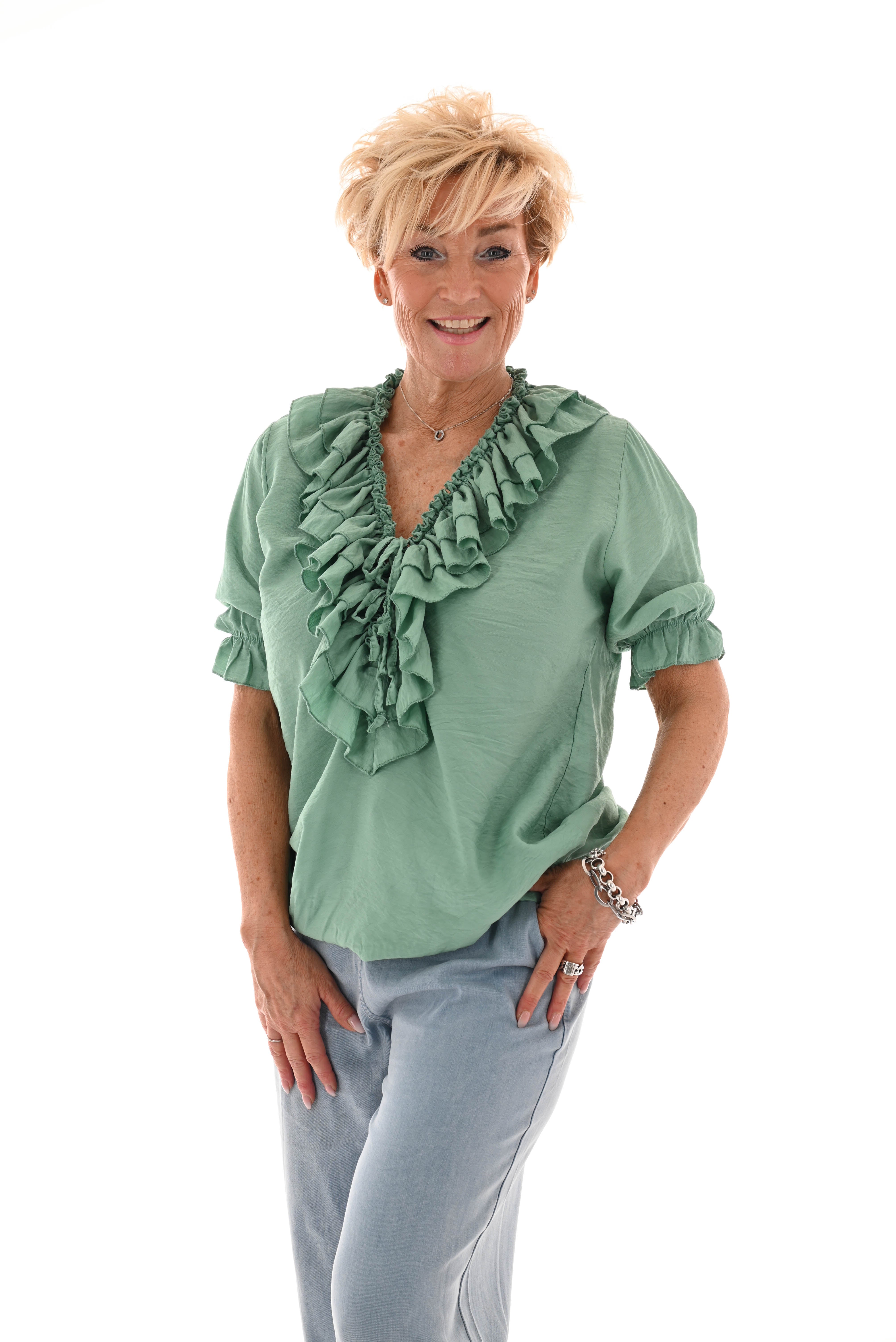 Blouse met roezels v-hals korte mouwen groen