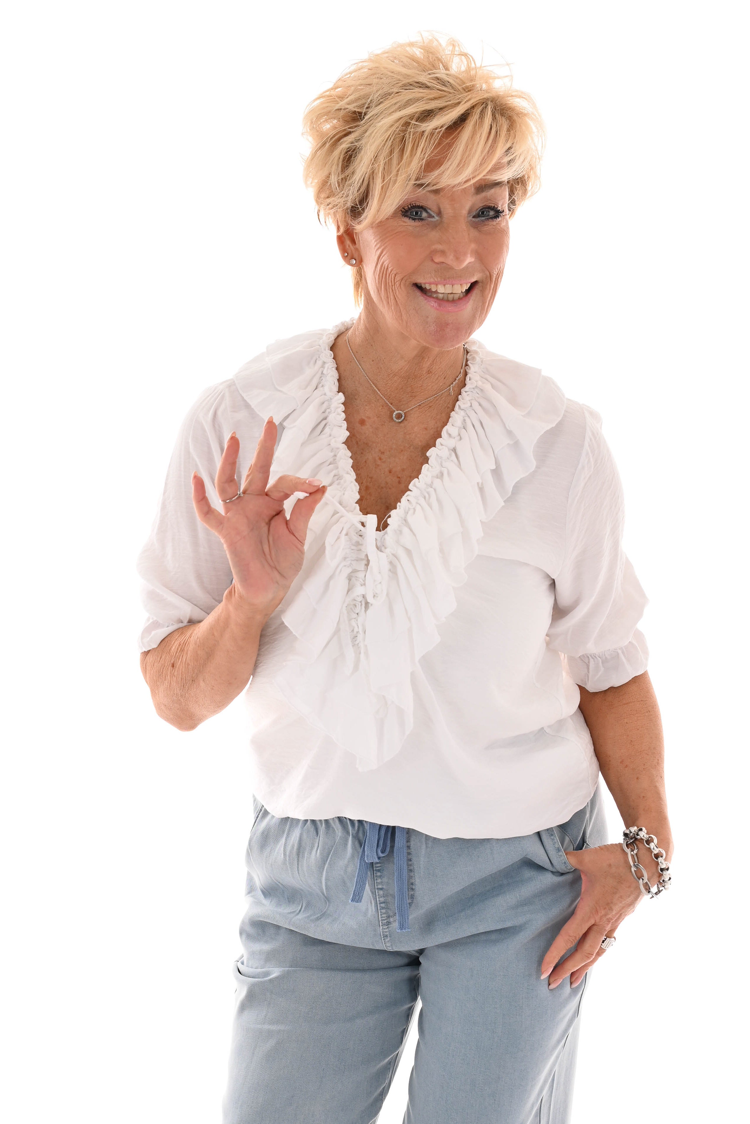 Blouse met roezels v-hals korte mouwen wit