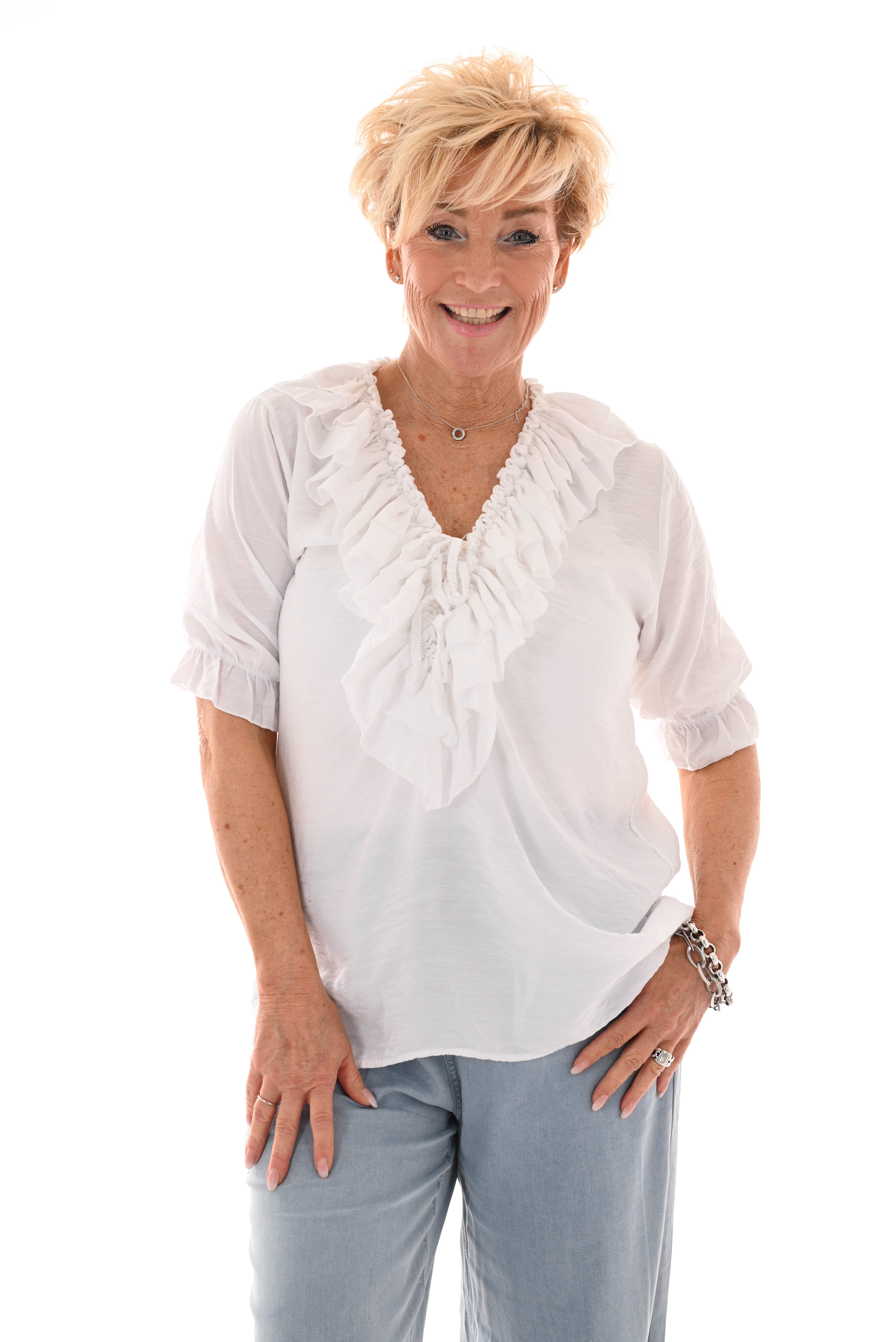Blouse met roezels v-hals korte mouwen wit