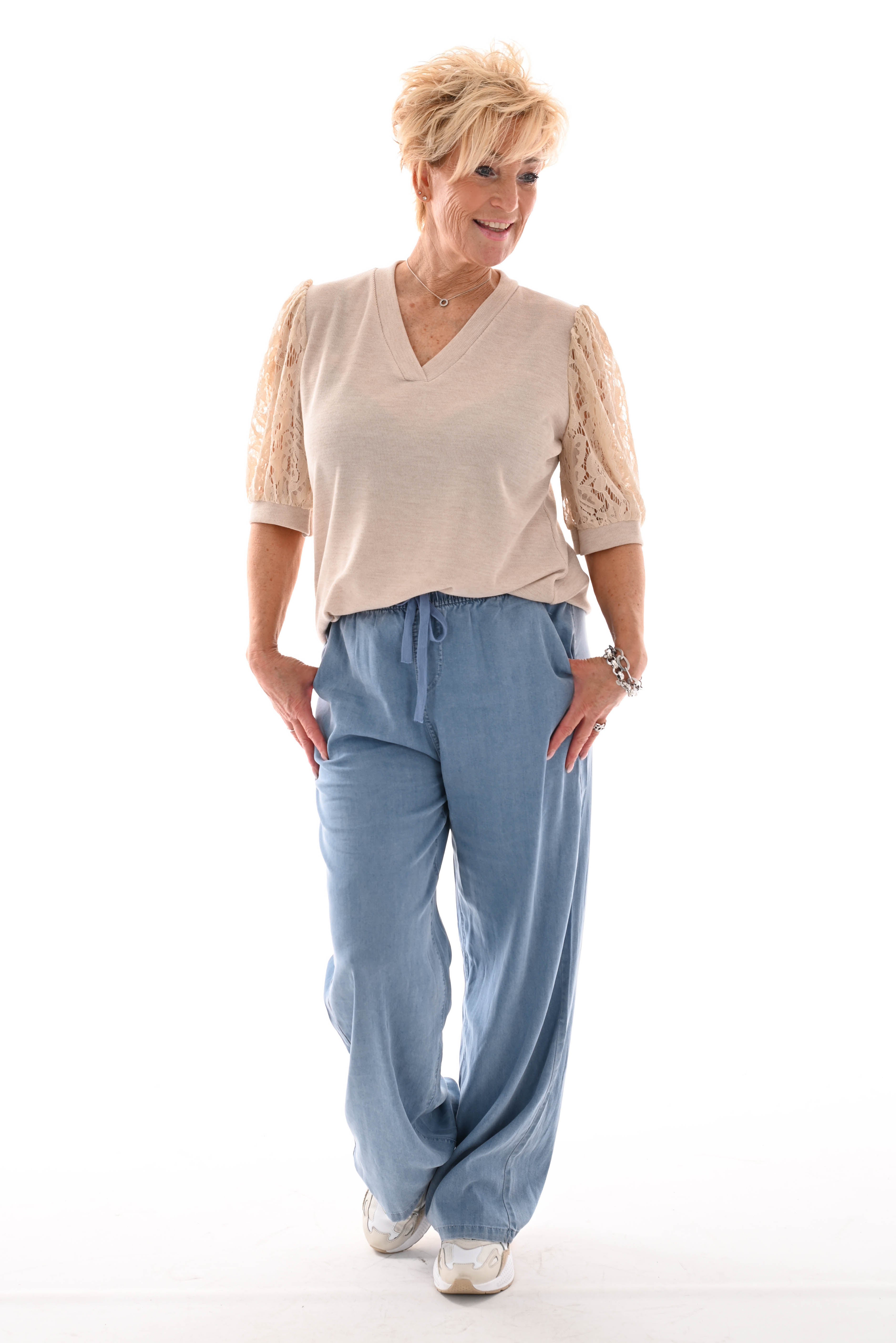Shirt kanten korte mouwen beige