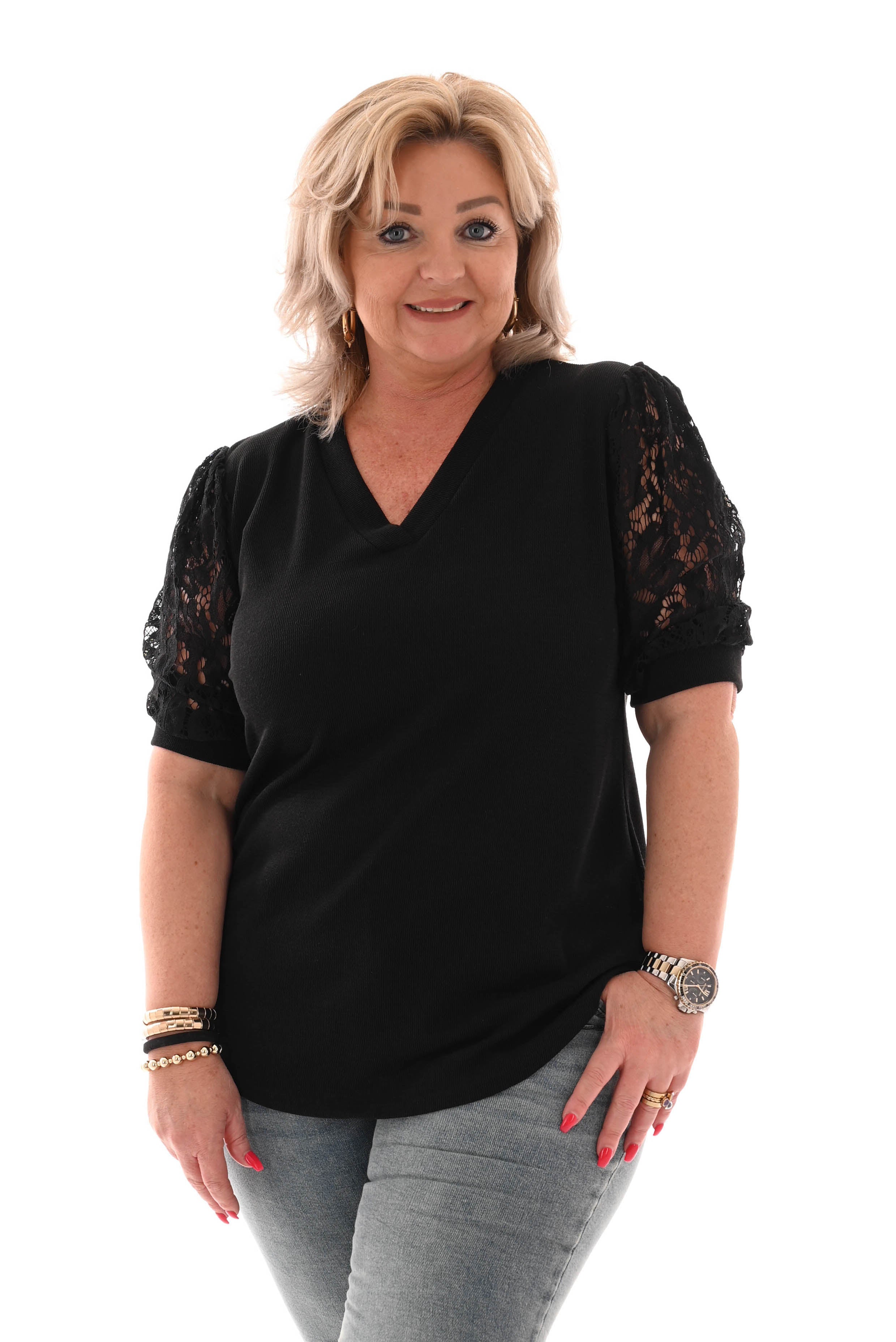 Shirt kanten korte mouwen zwart