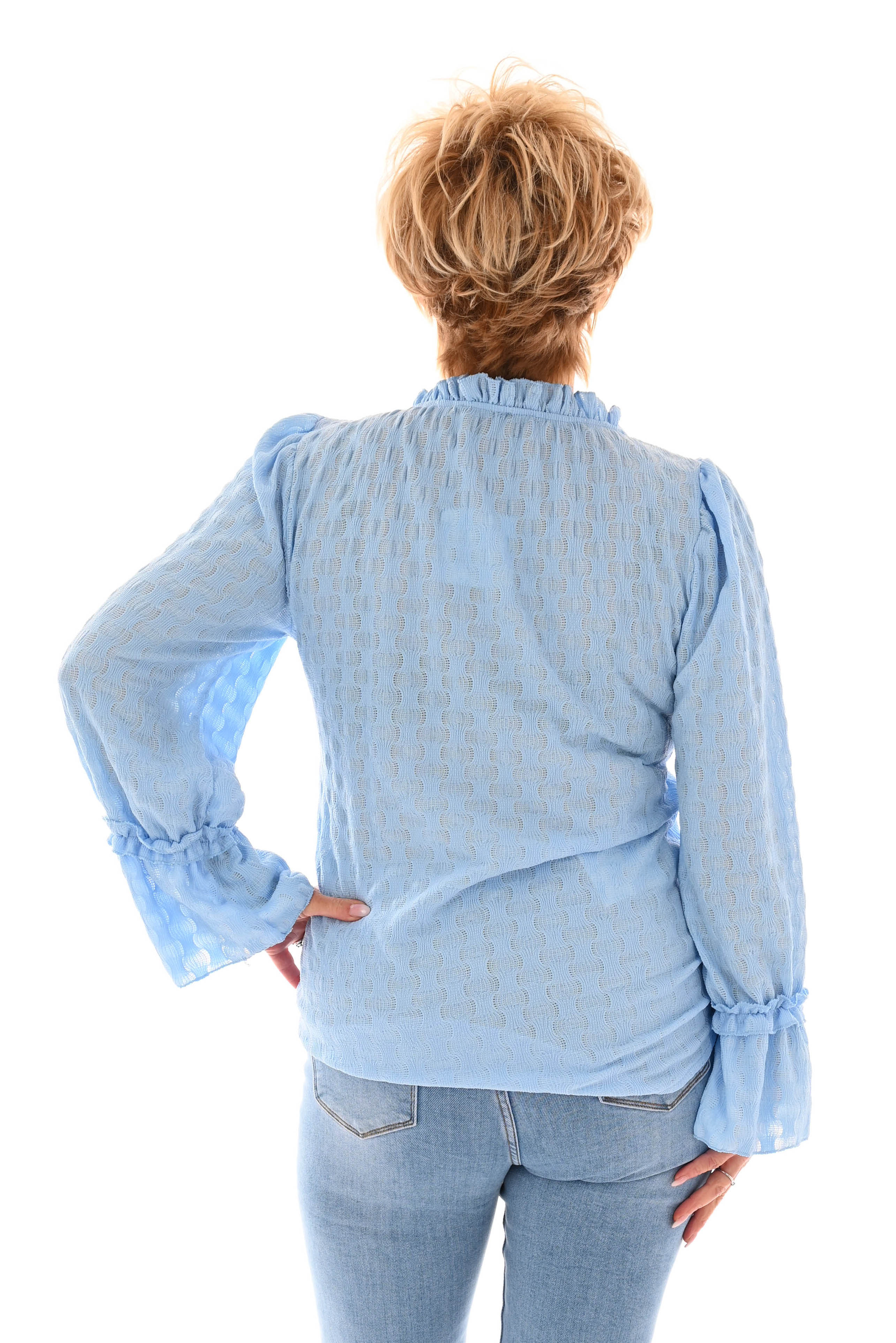 Top trompet mouwen met strik blauw