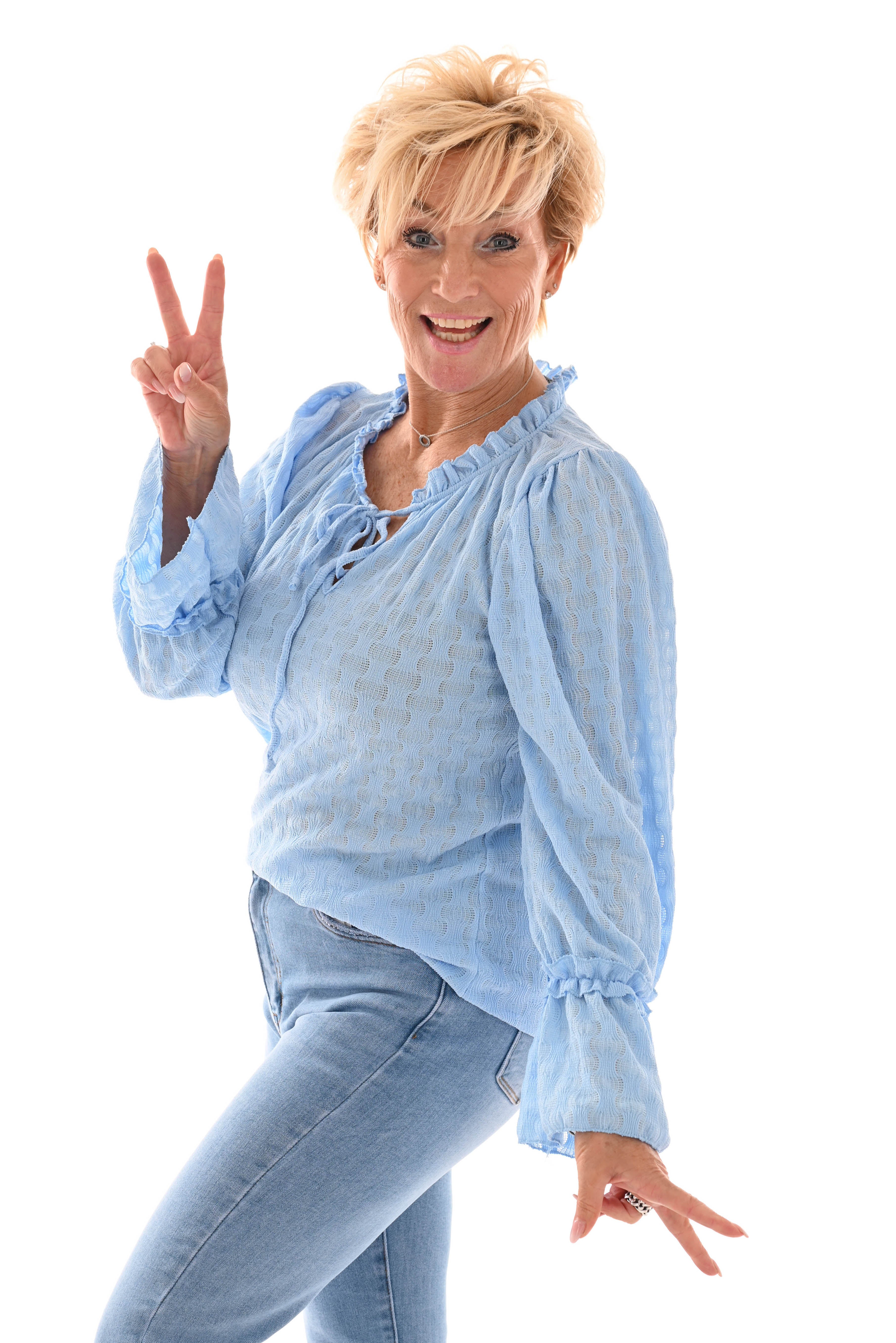 Top trompet mouwen met strik blauw