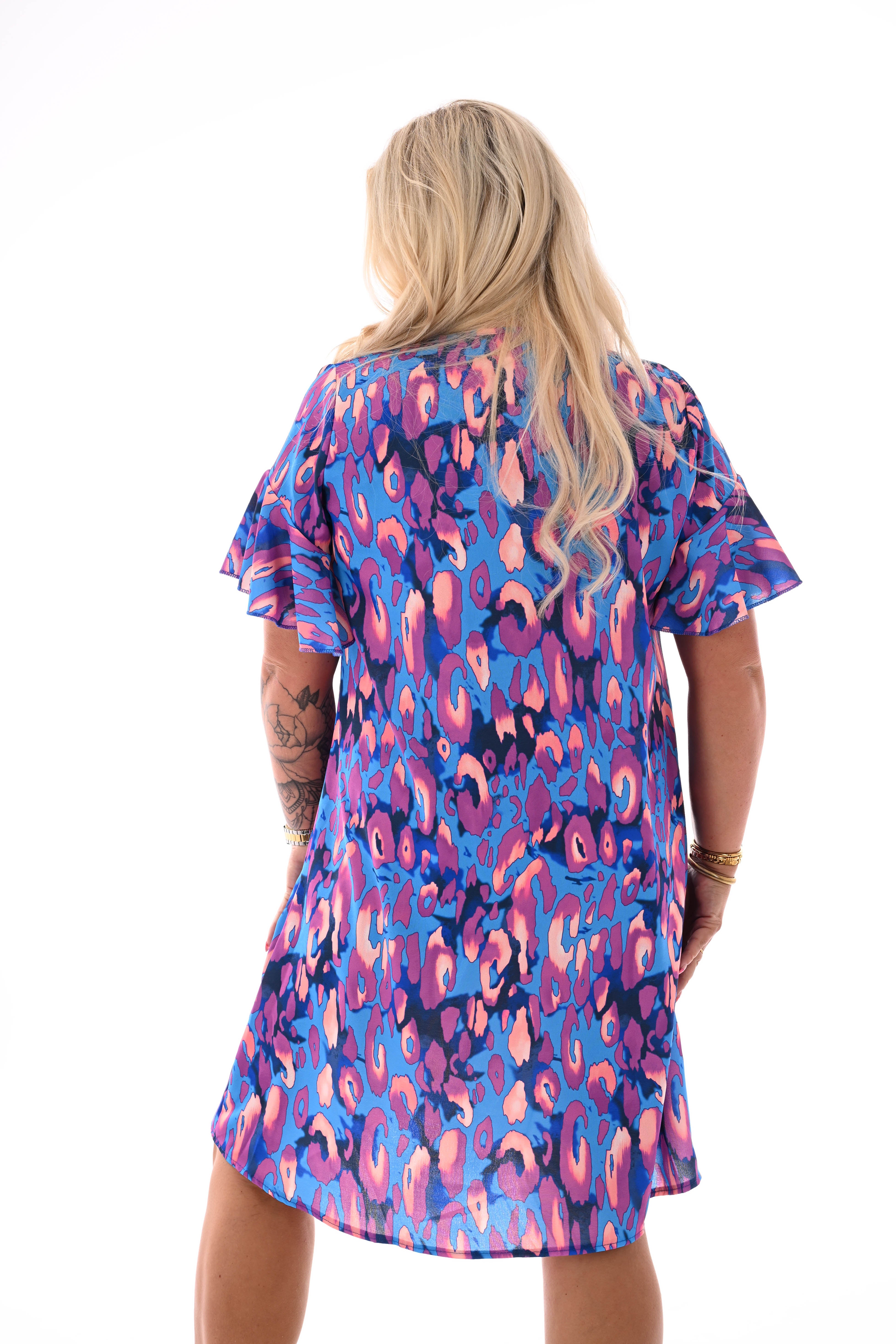 Jurk v-hals korte roezelmouwen print blauw/paars