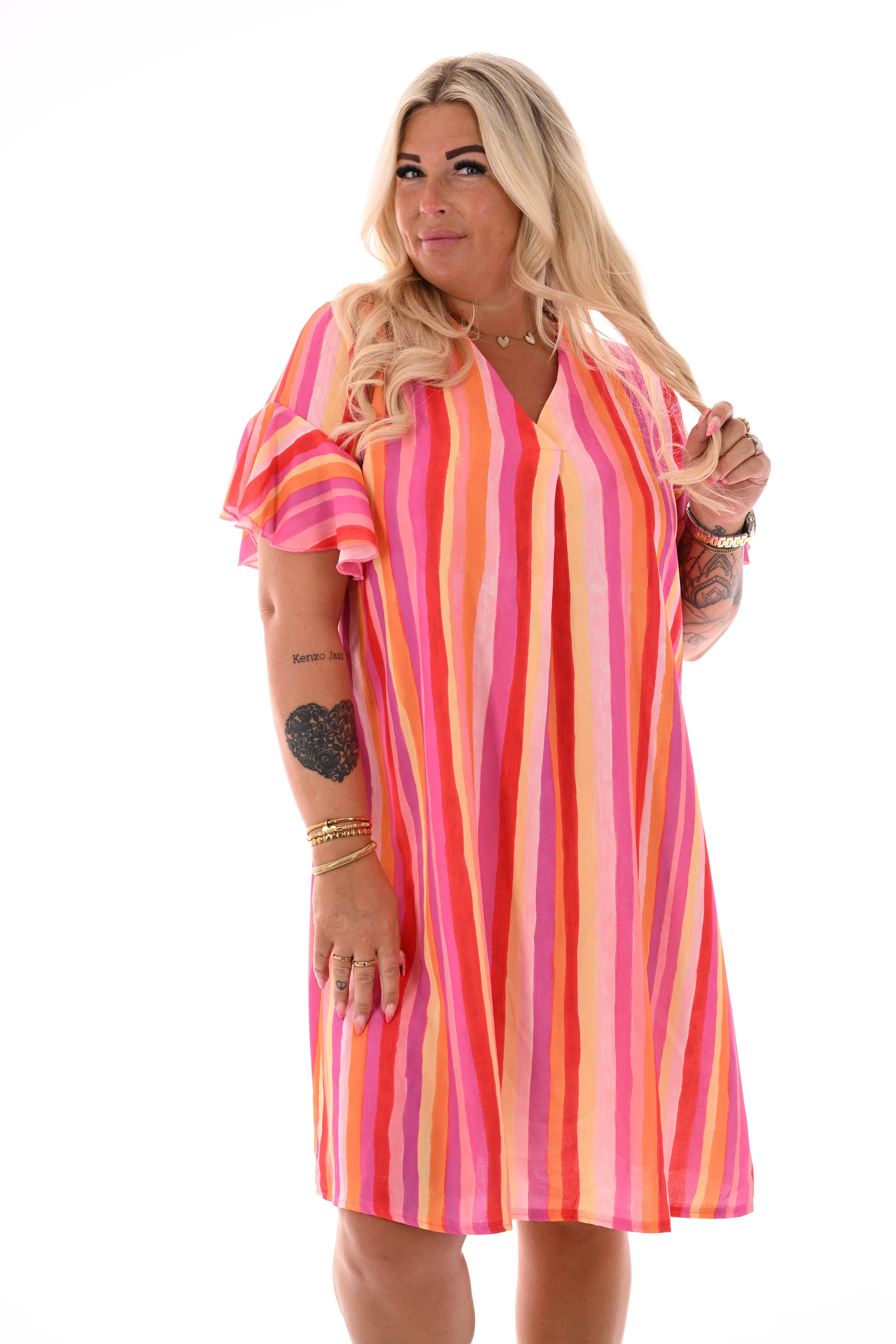 Jurk v-hals korte roezelmouwen print roze/oranje