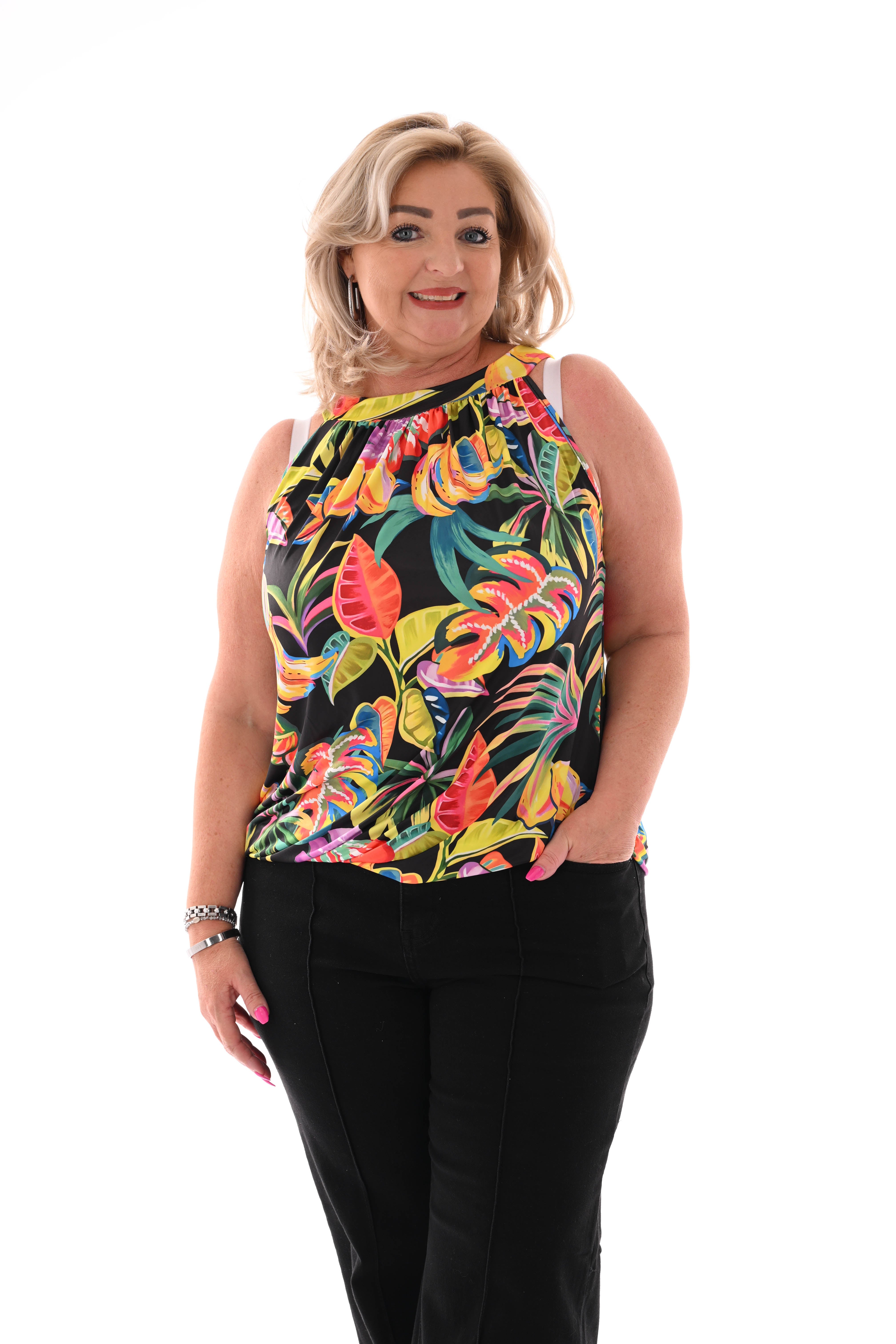 Halter top print blad zwart