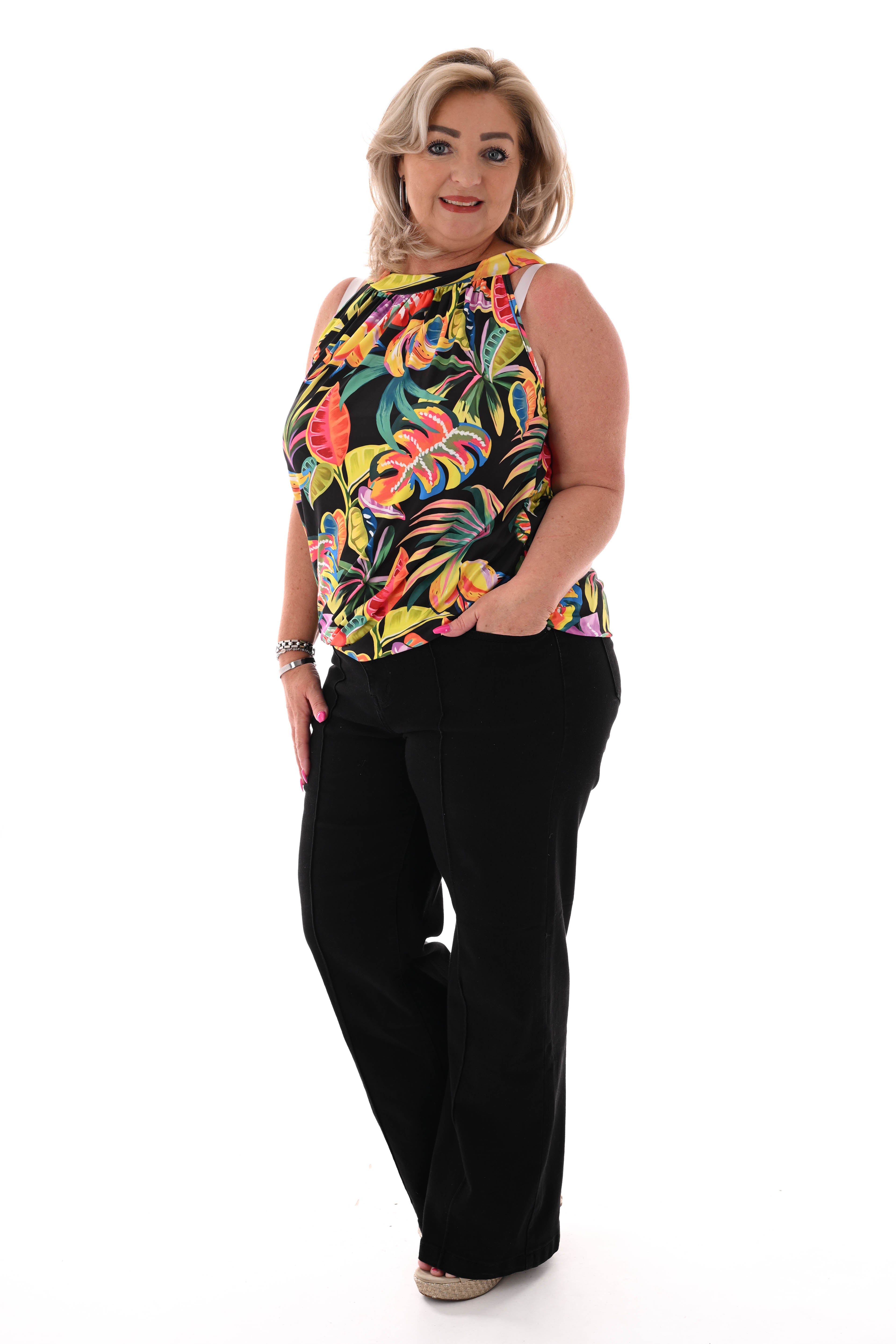 Halter top print blad zwart