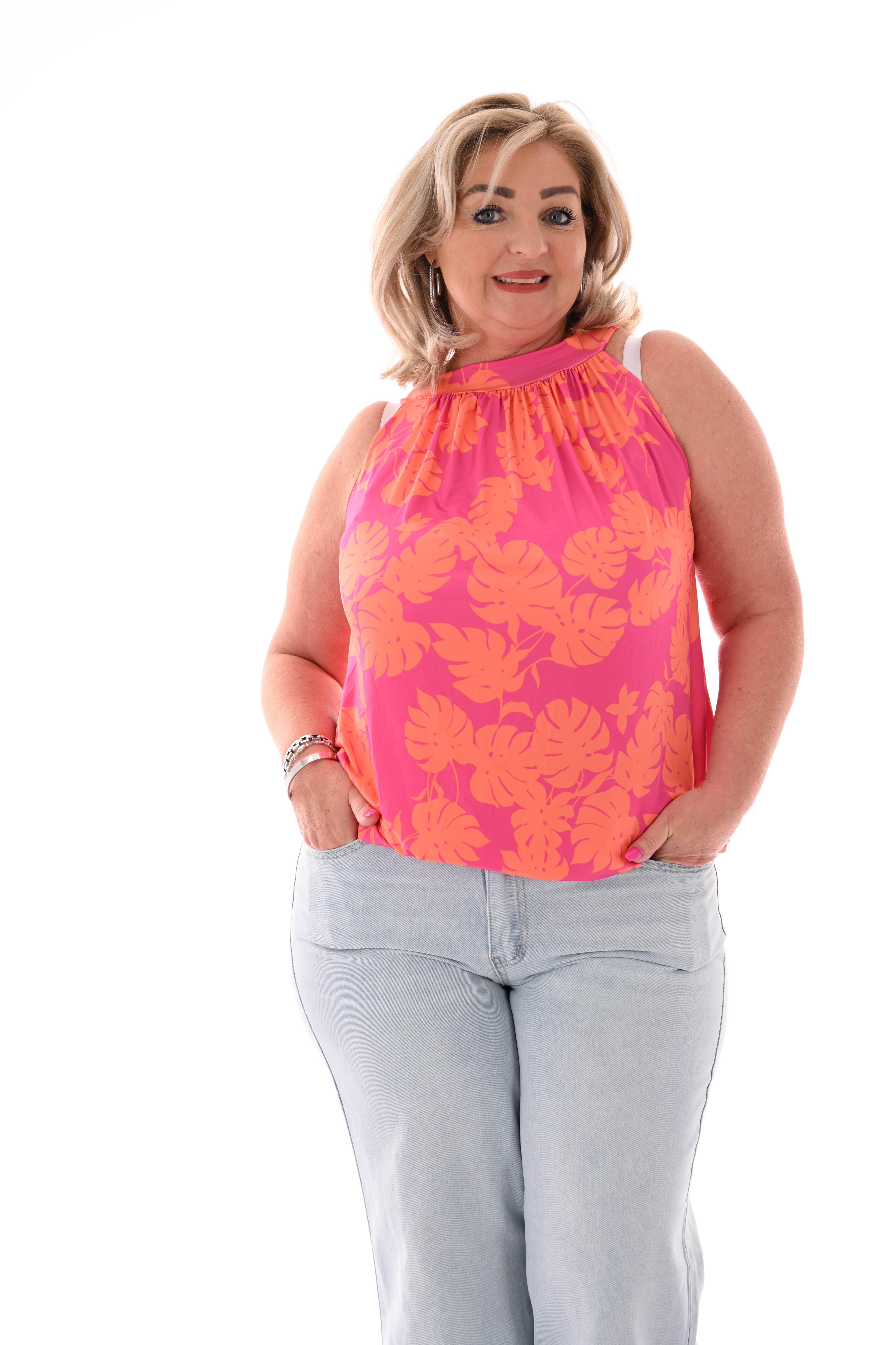Halter top print blad fuchsia/oranje