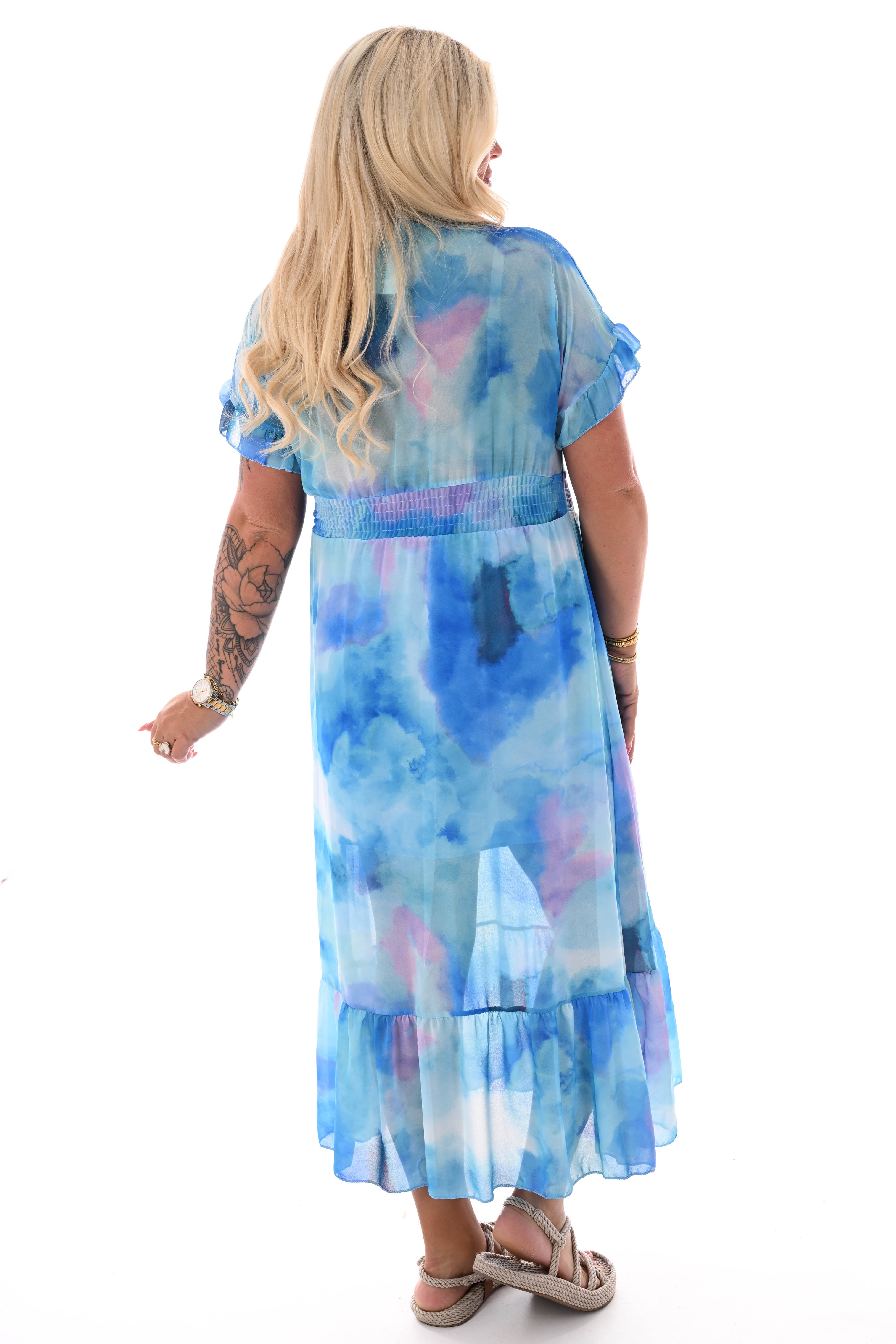 Maxi roezel jurk v-hals print aquarel blauw