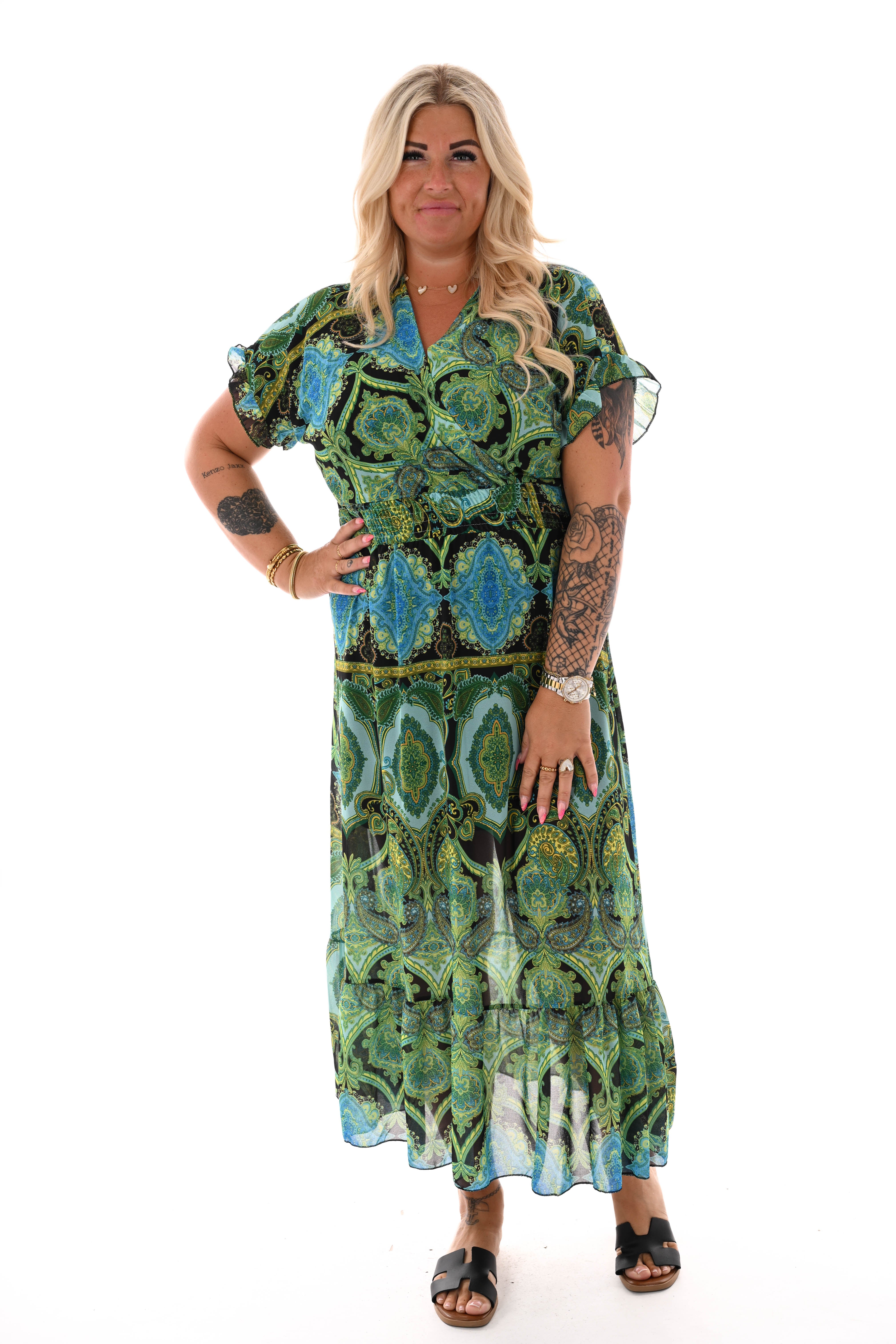 Maxi roezel jurk v-hals print paisley zwart/groen