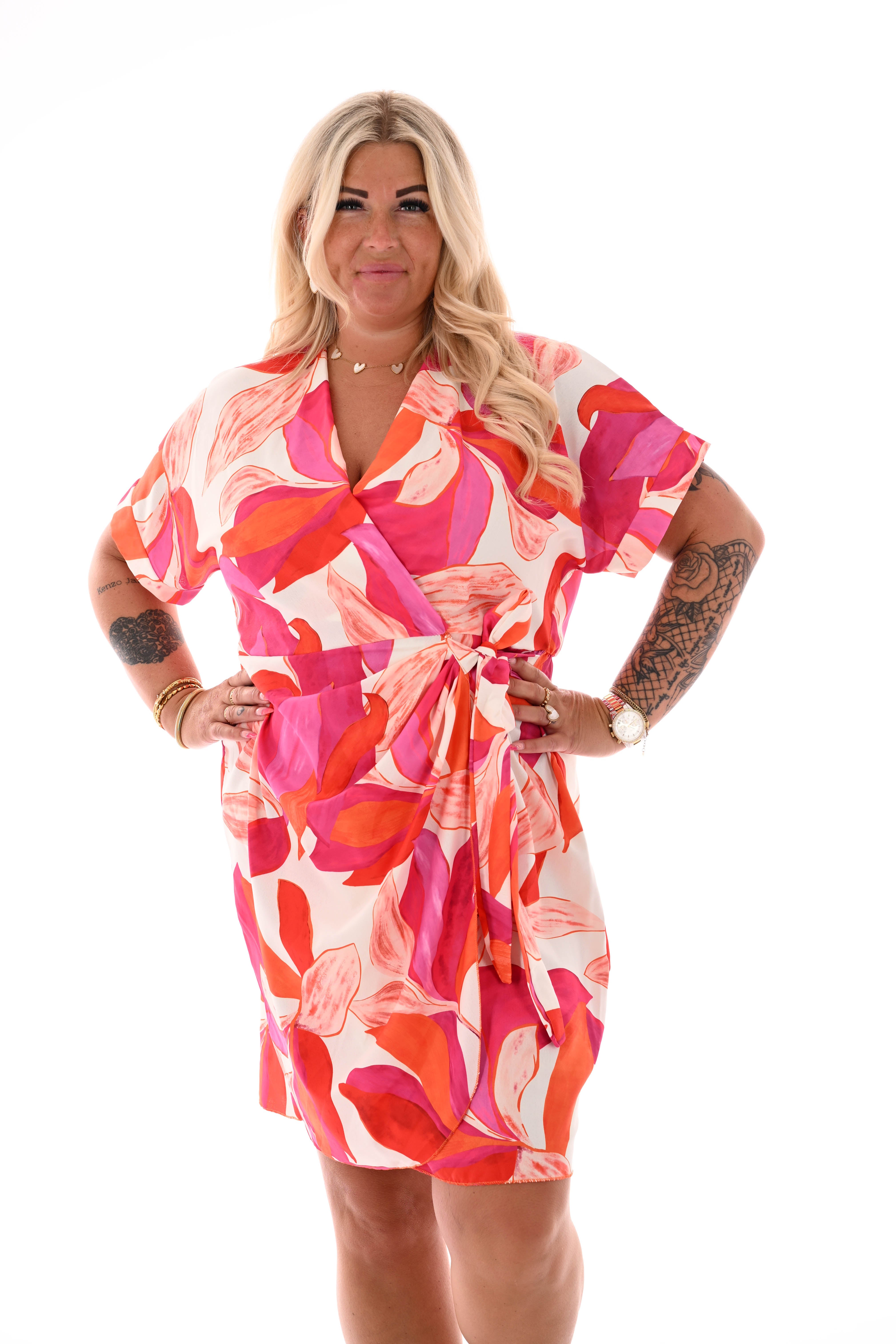 Korte overslag jurk print blad fuchsia/rood
