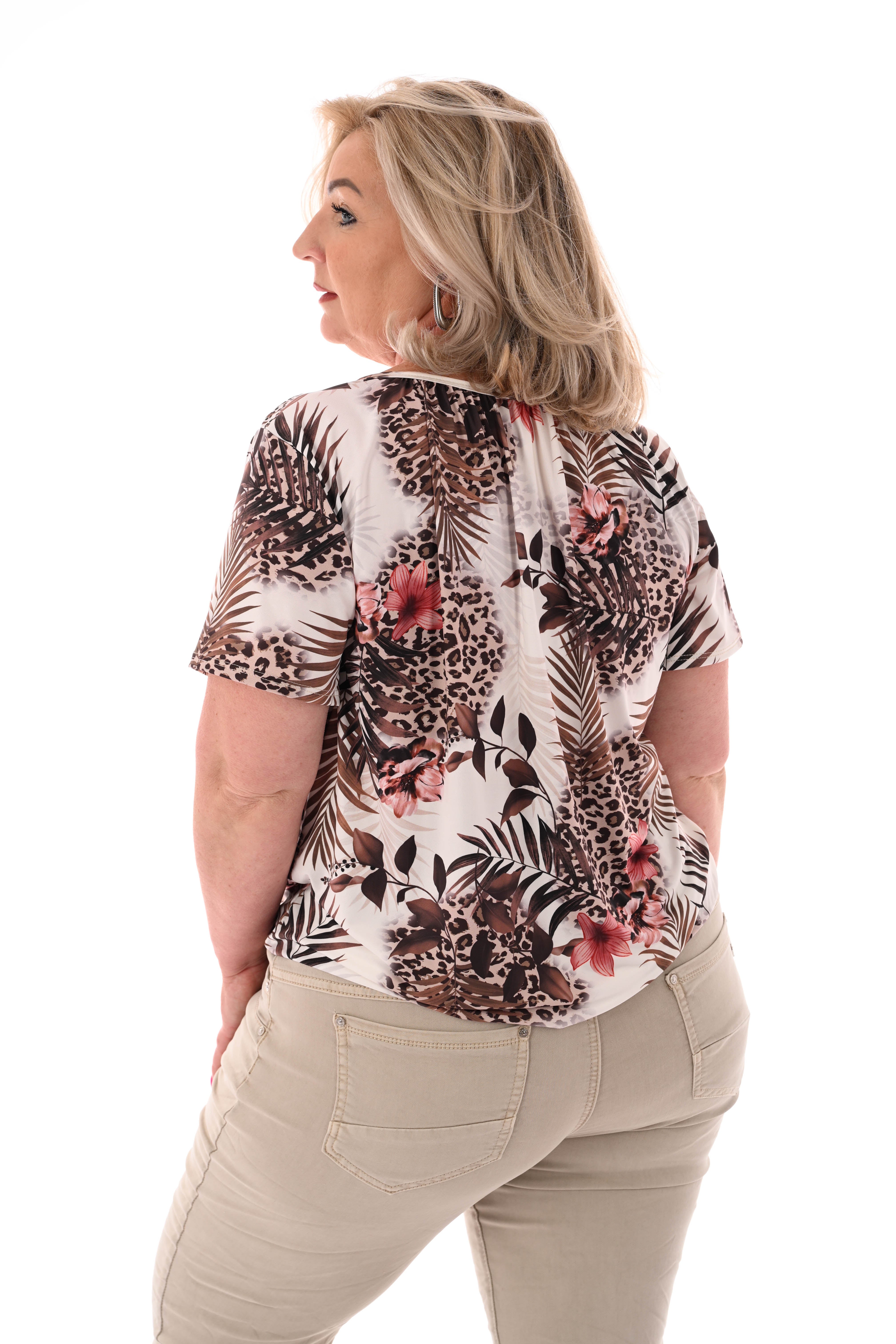 Ballon top print blad en panter beige