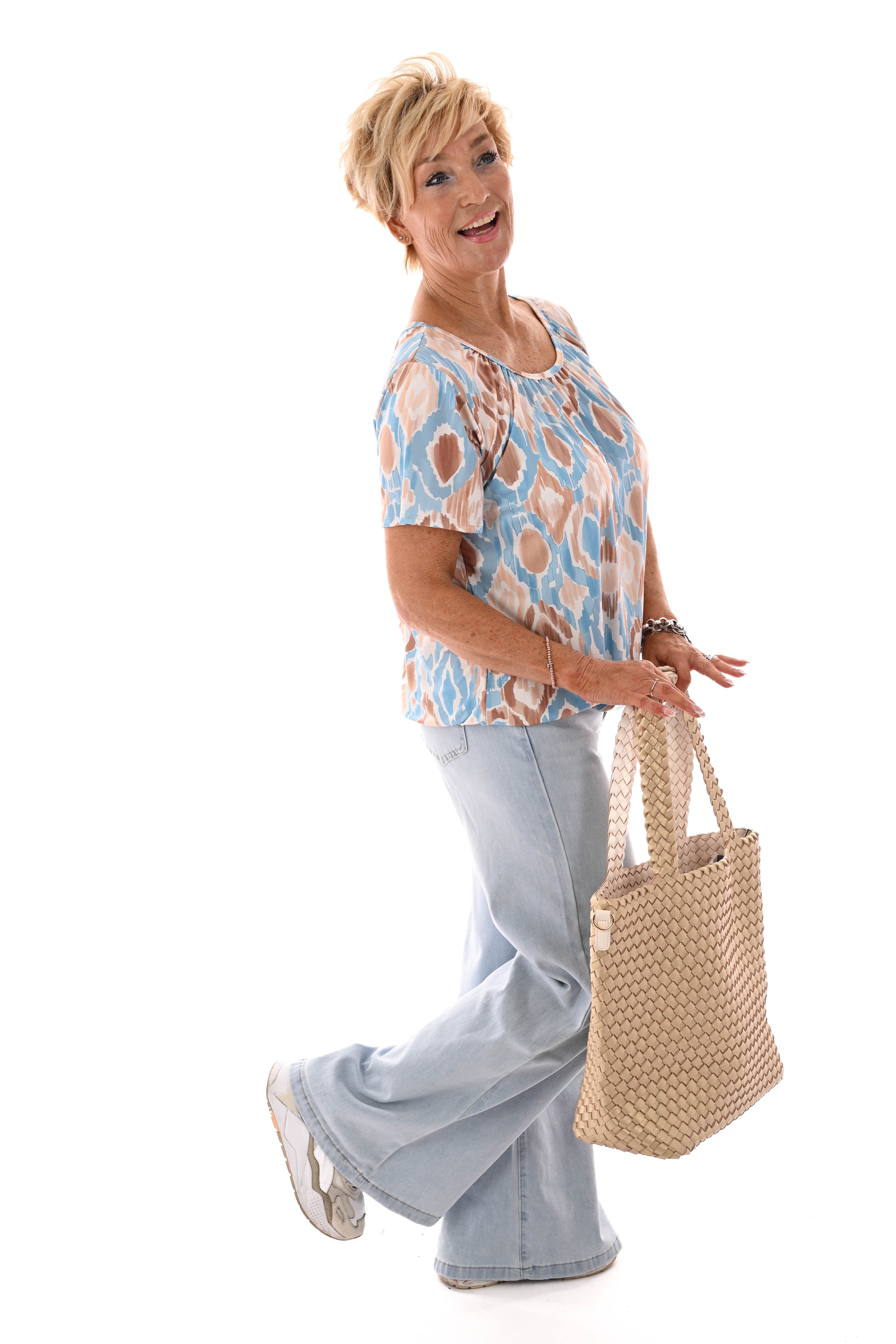 Ballon top print lichtblauw/beige