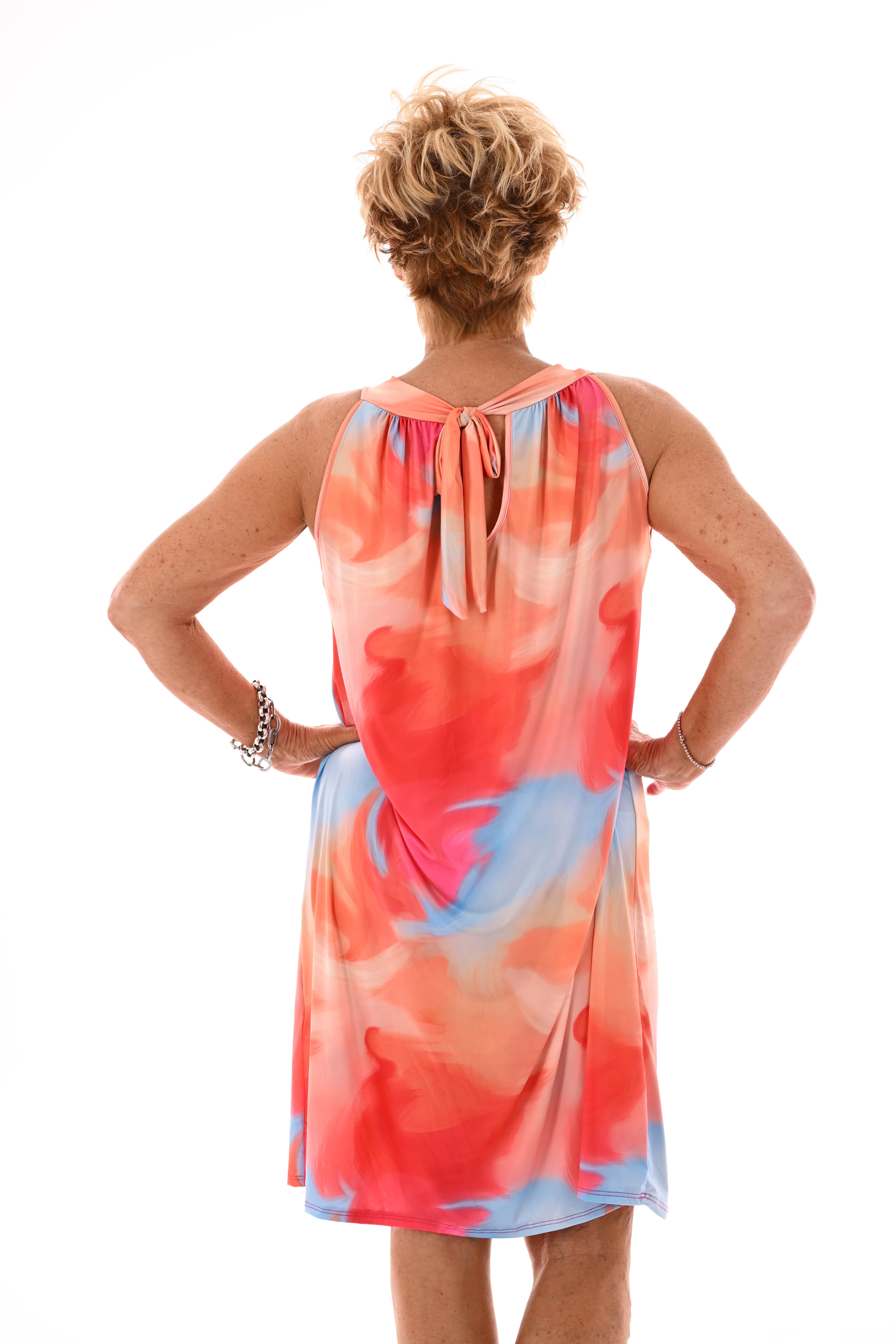 Halter jurk print tie-dye oranje/fuchsia