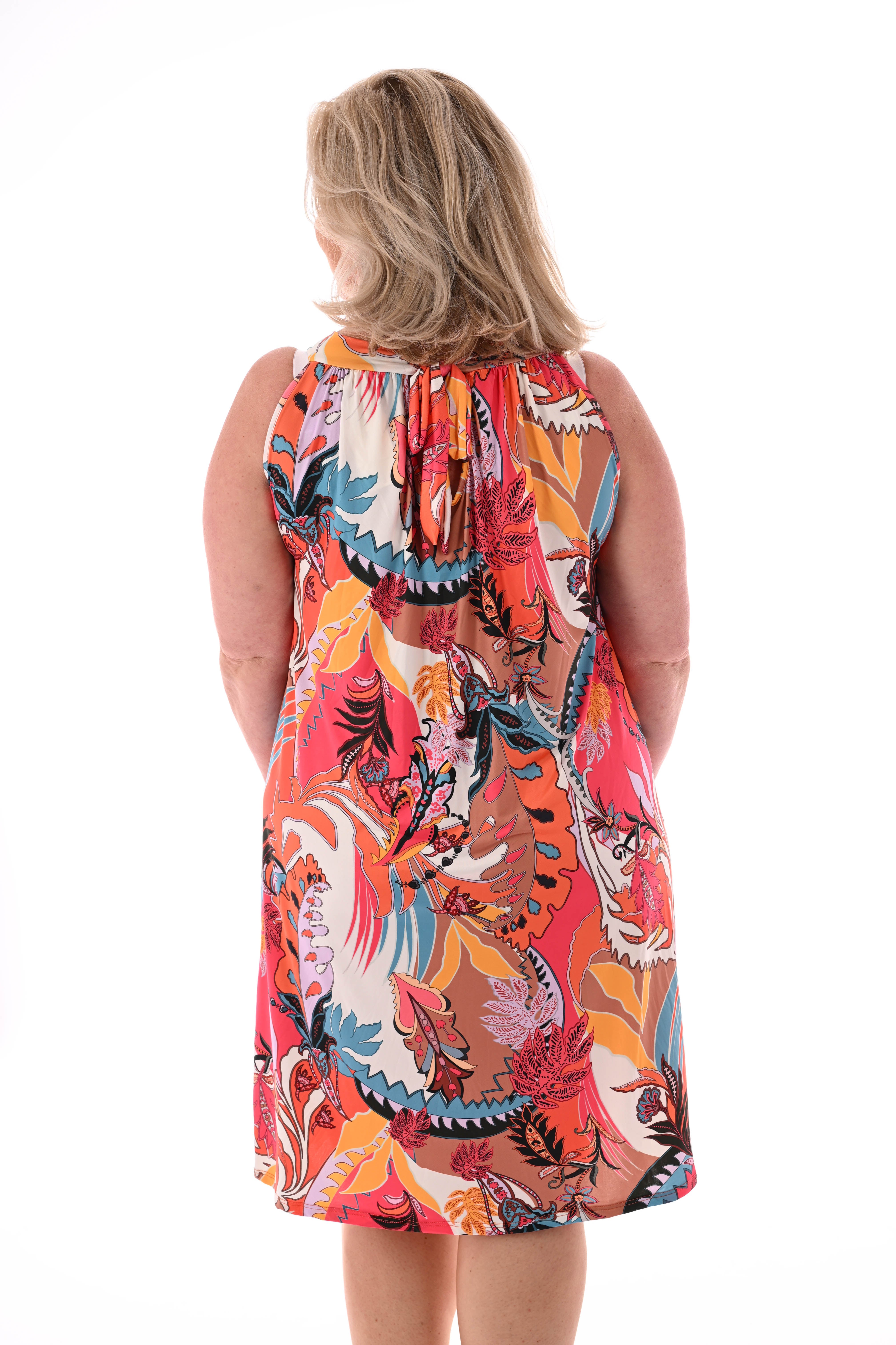 Halter jurk print bloemblad lichtbruin/koraal