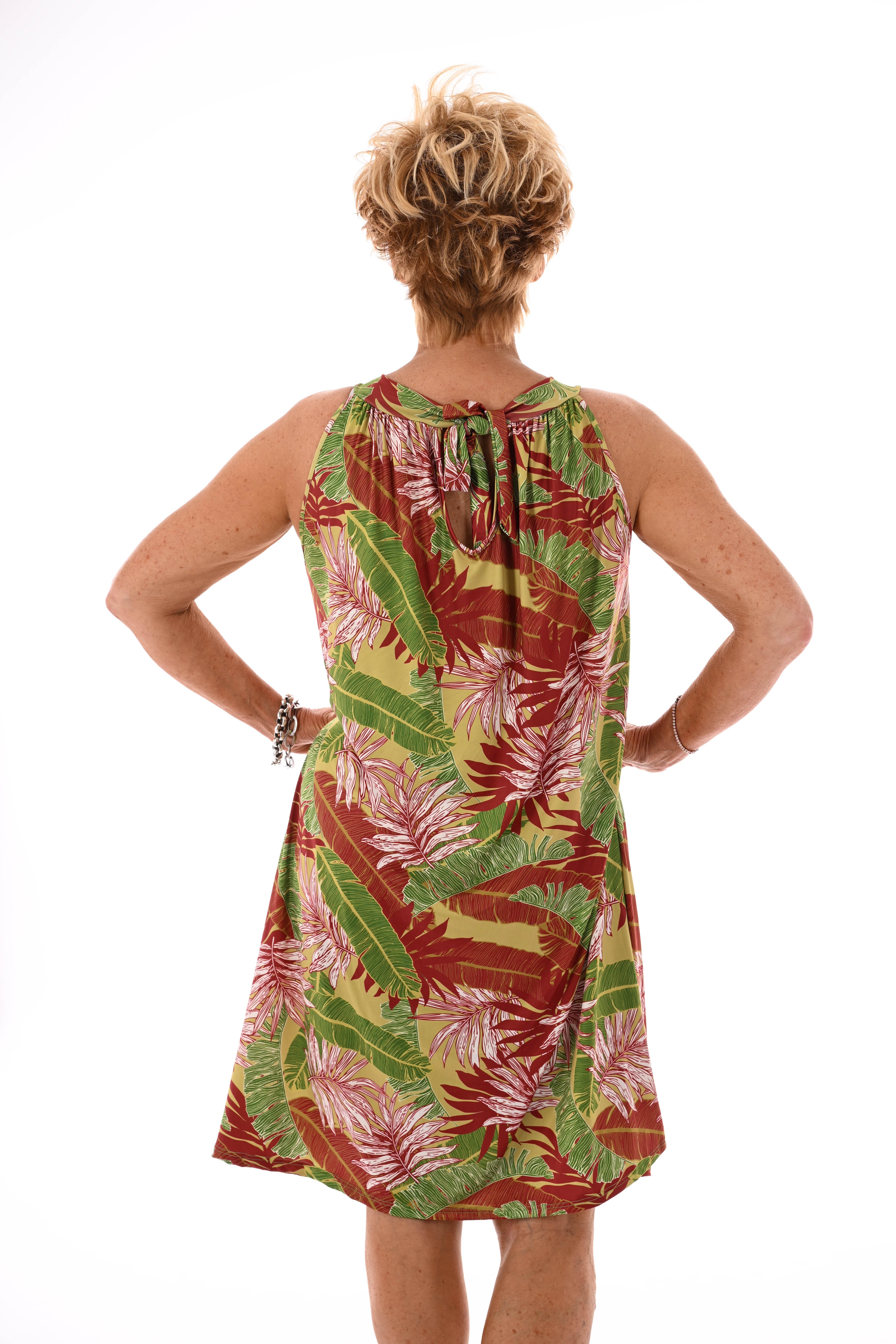 Halter jurk print bladeren lime