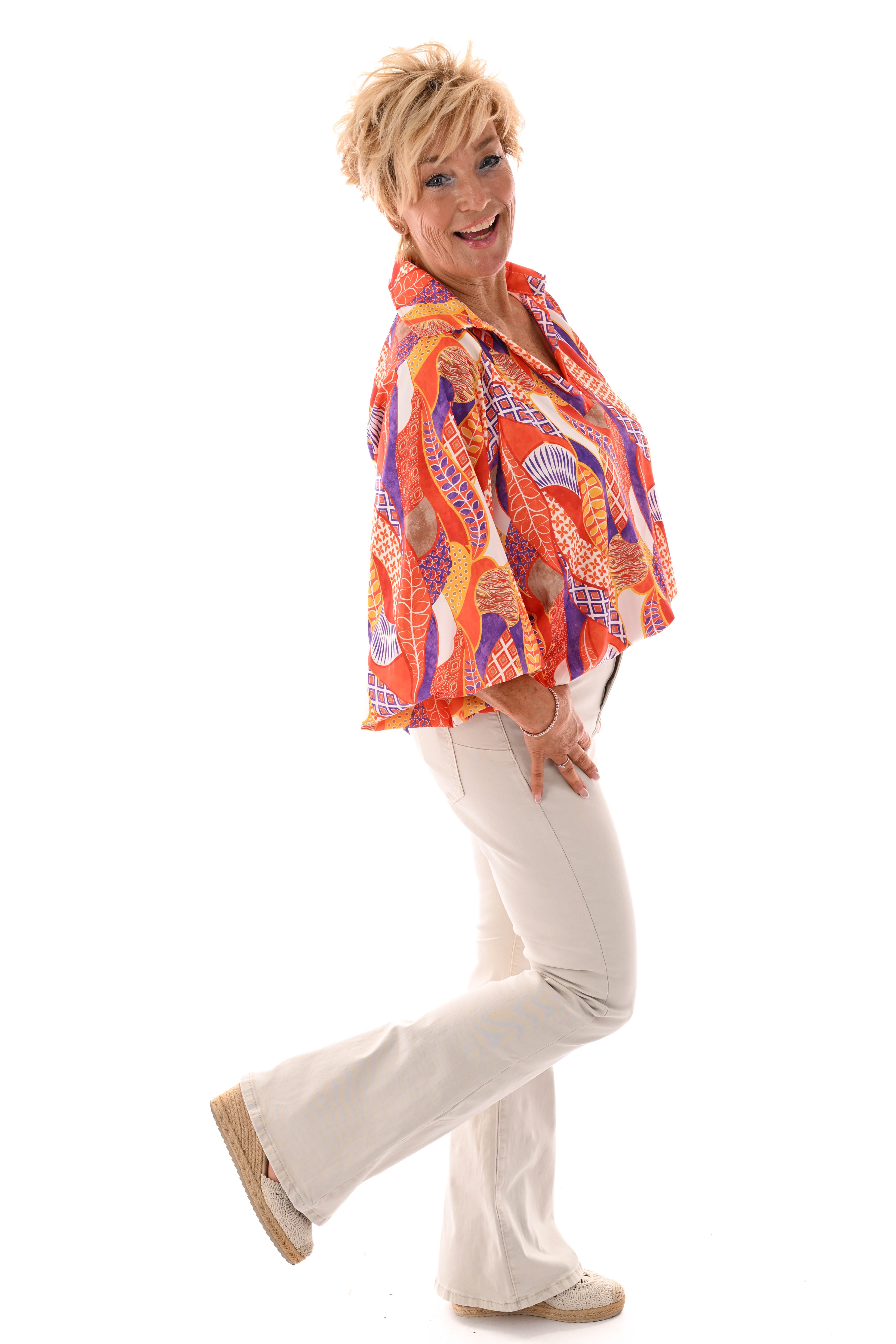 Blouse v-hals mixed print oranje