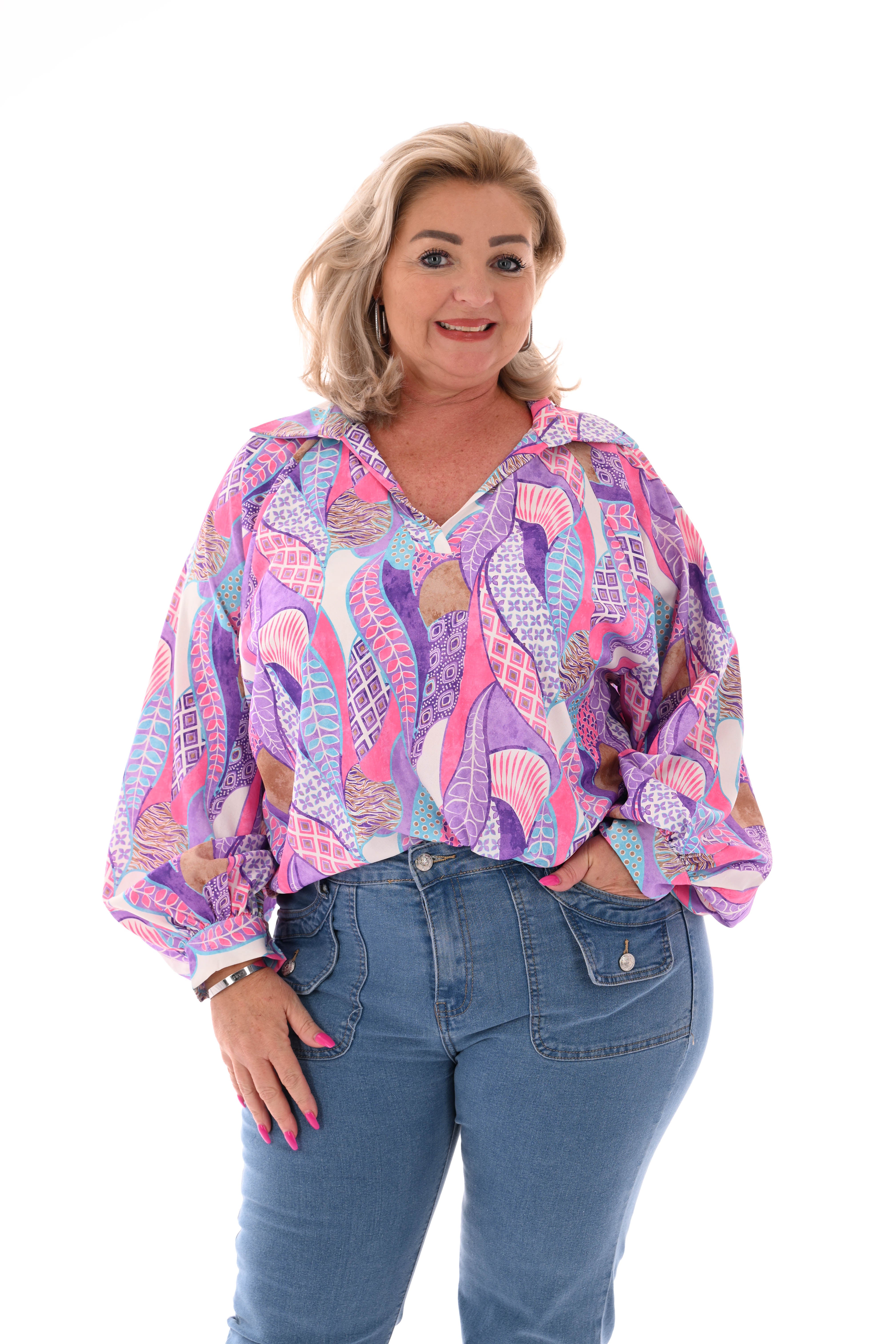 Blouse v-hals mixed print lila