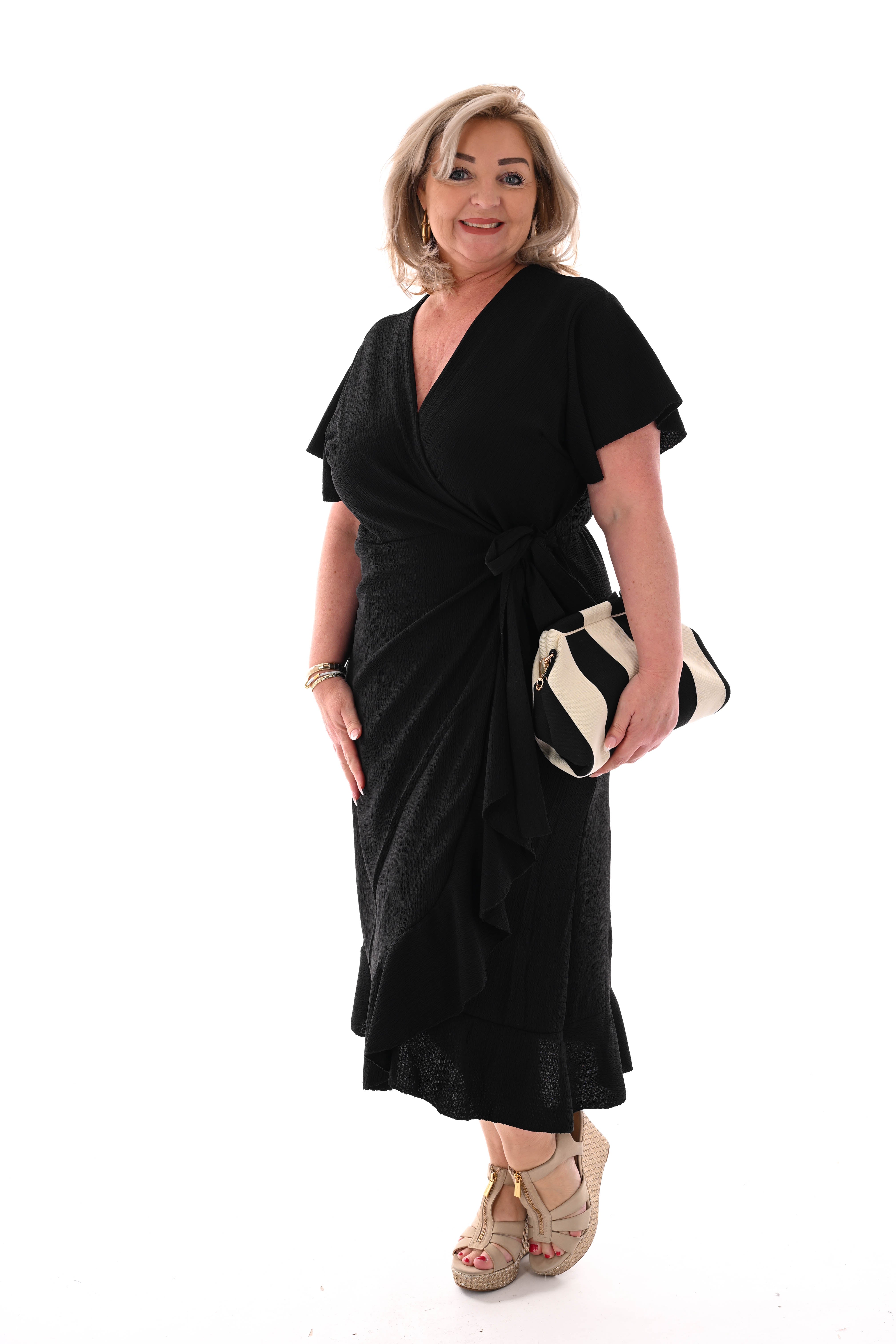 Maxi jurk overslag met roezel zwart