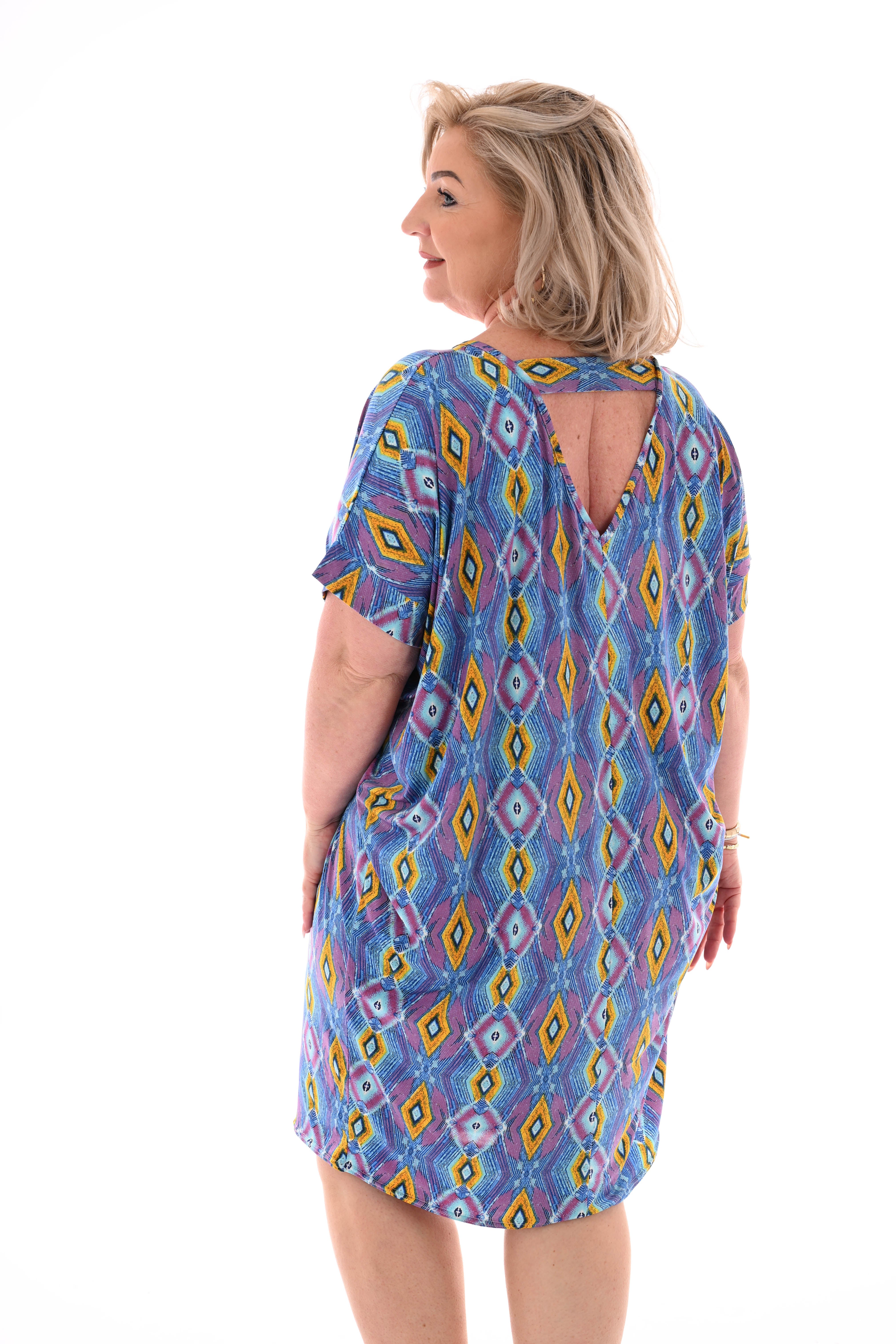 Tuniek v-rug print abstract violet/lichtblauw