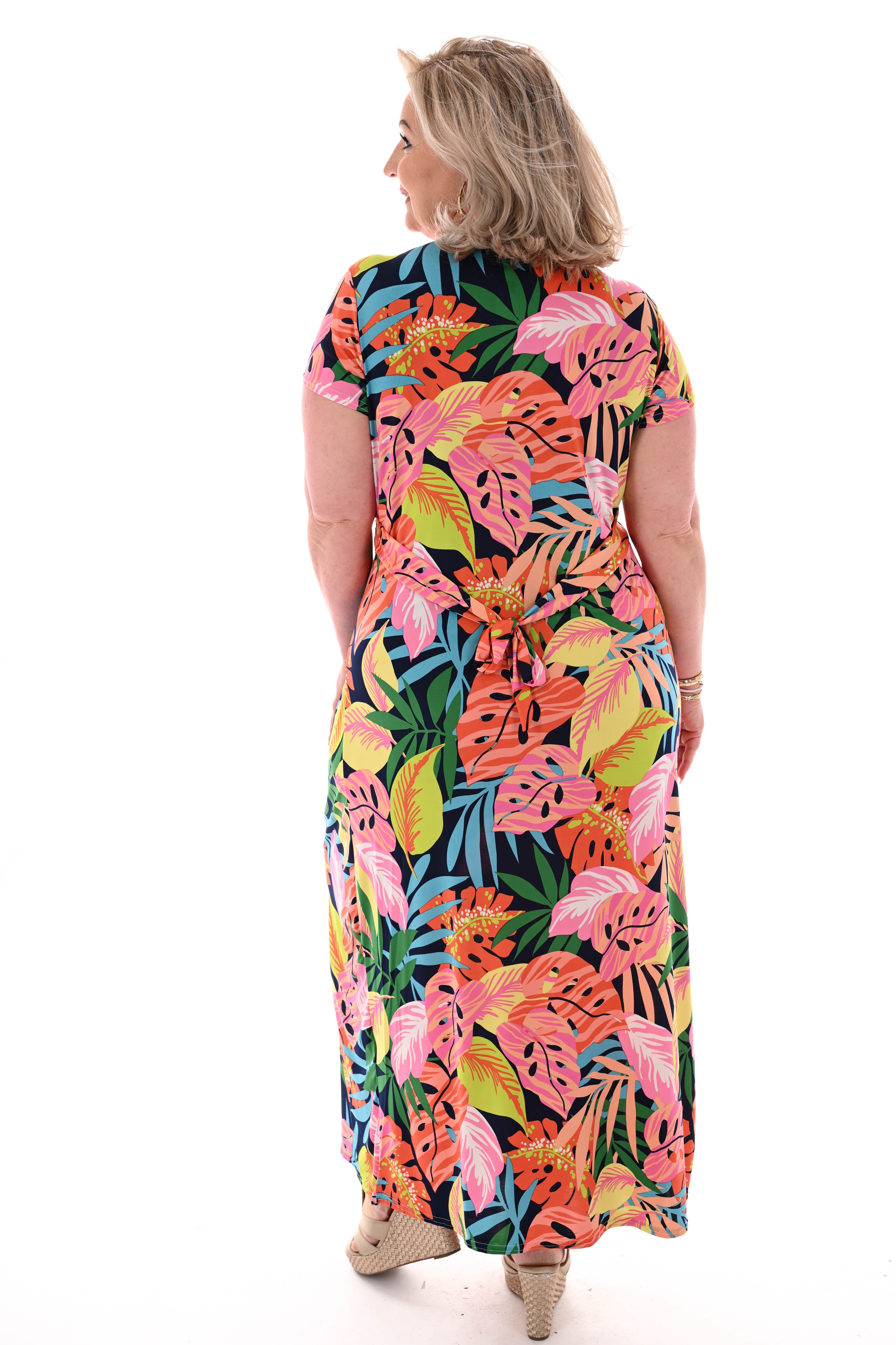 Lange jurk knoopdetail print bladeren marineblauw/roze
