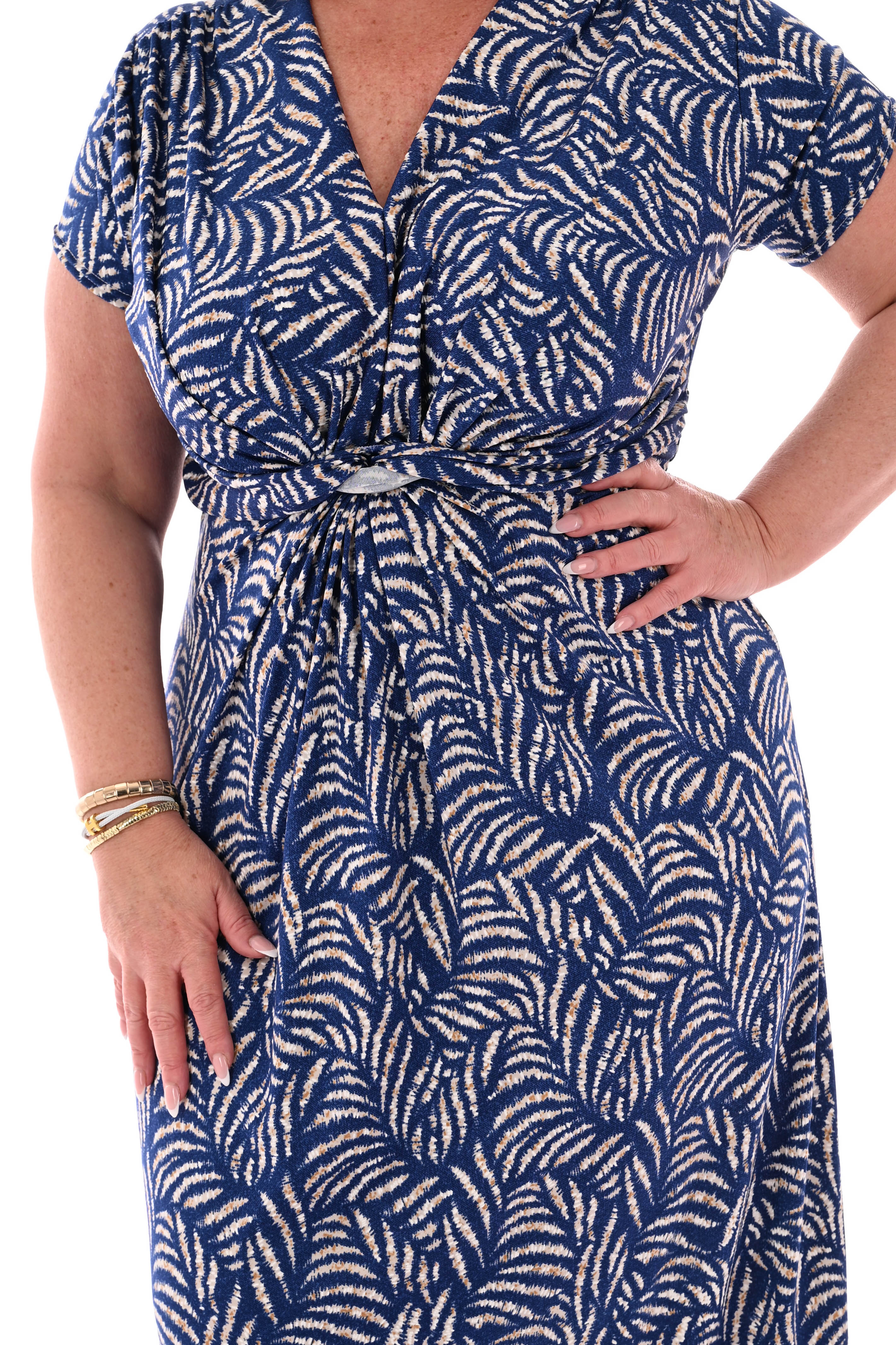 Lange jurk knoopdetail print bladeren blauw