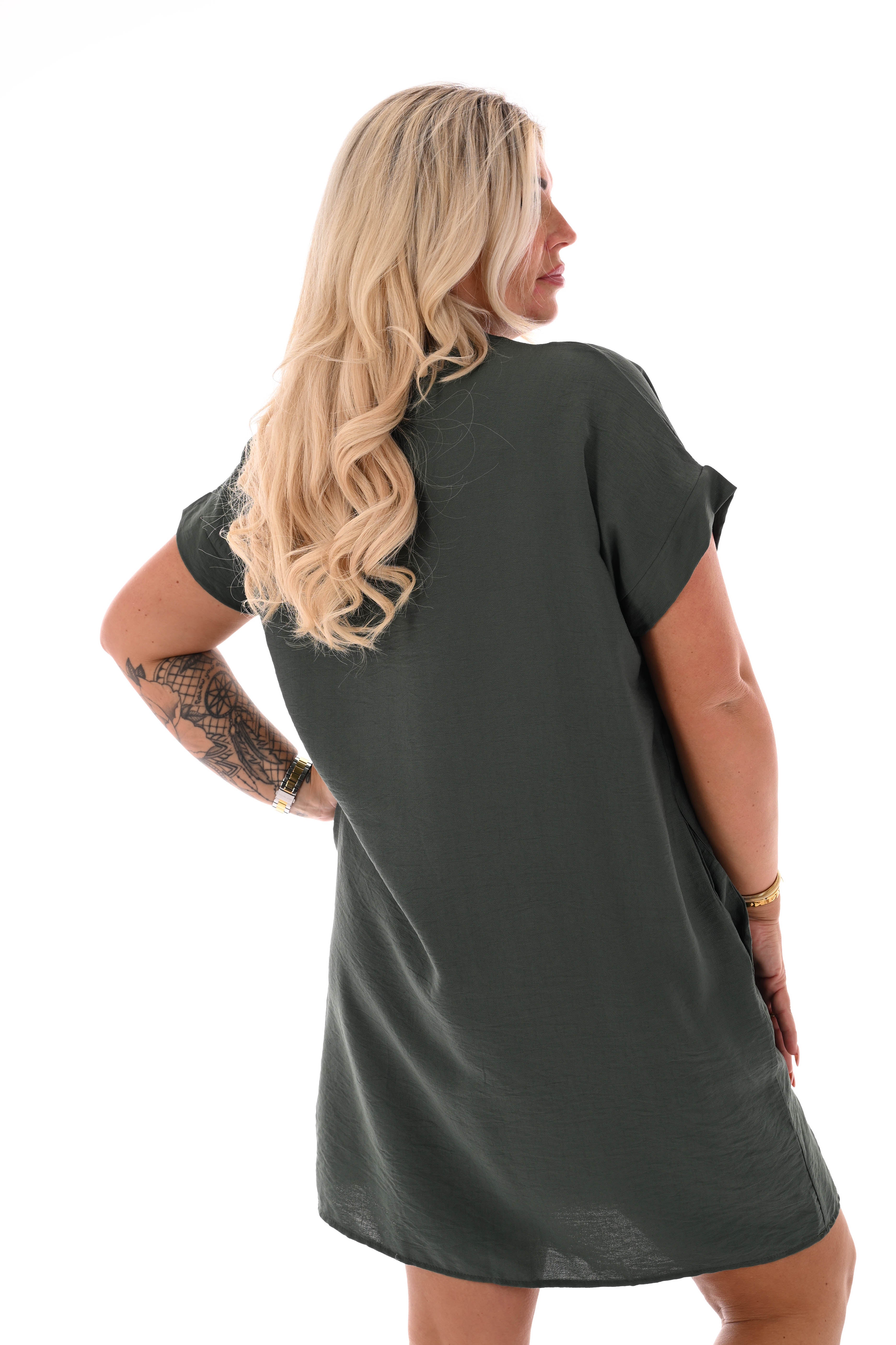 Korte jurk v-hals met zakken legergroen