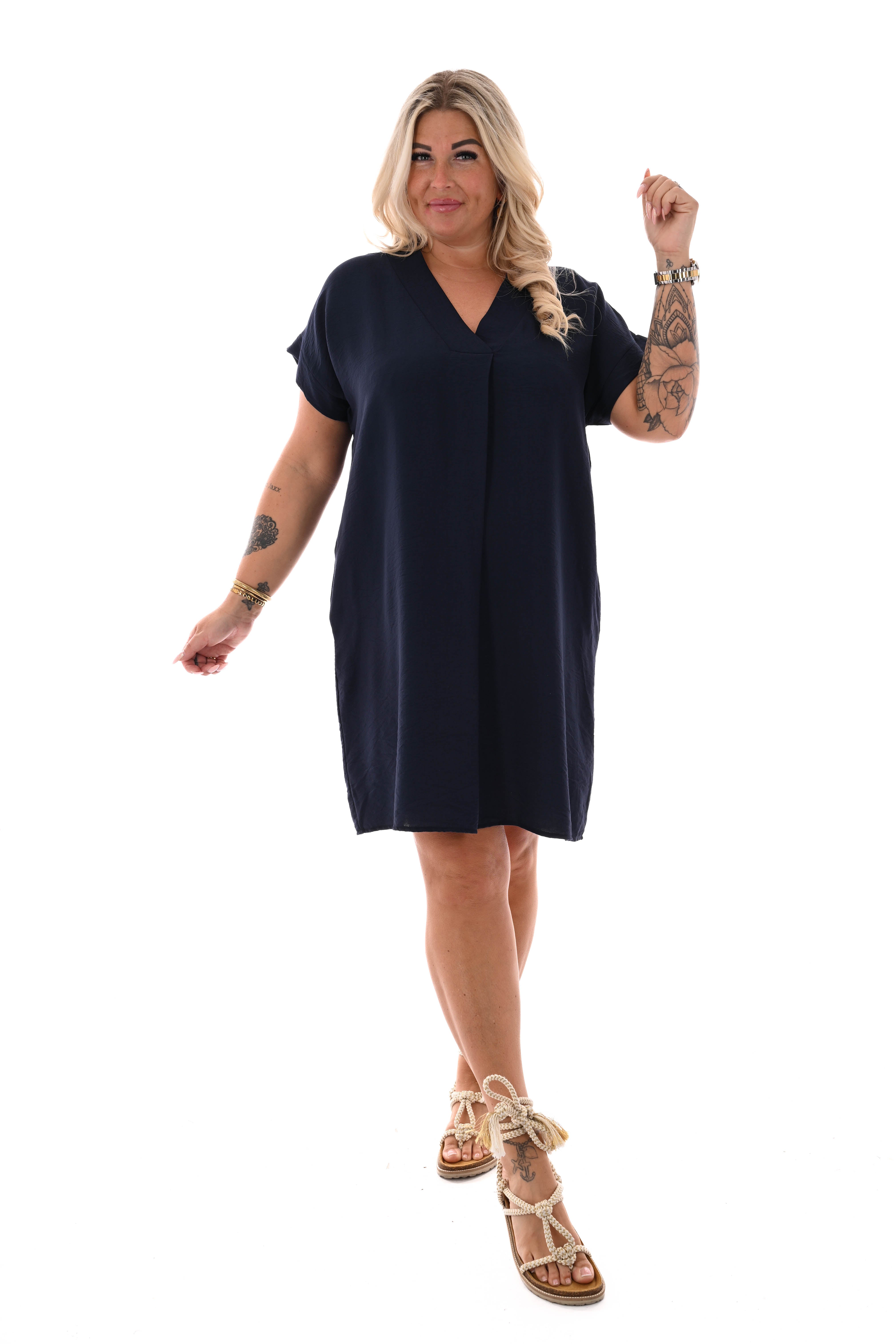 Korte jurk v-hals met zakken marineblauw