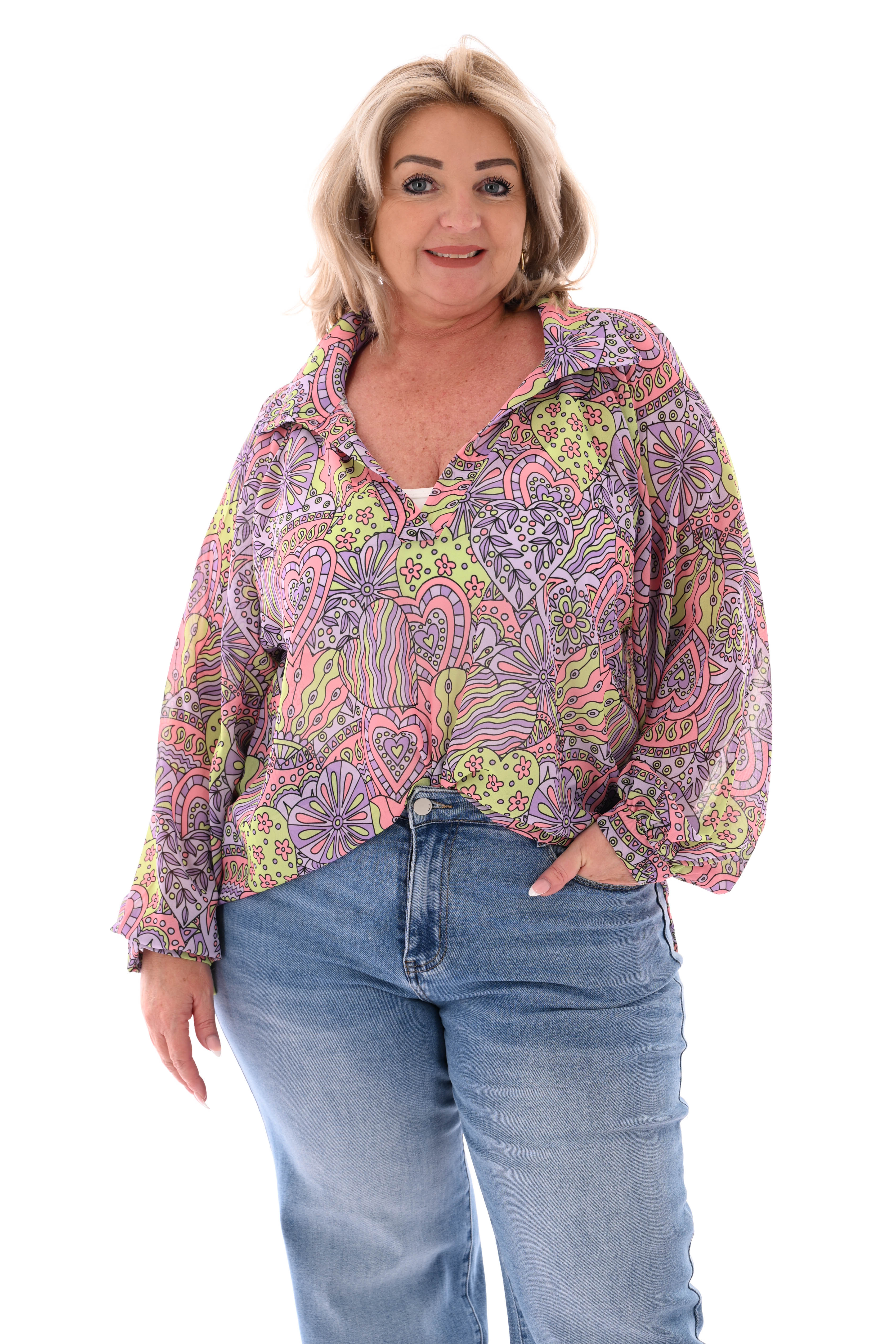 Blouse v-hals mixed print lila/lichtroze