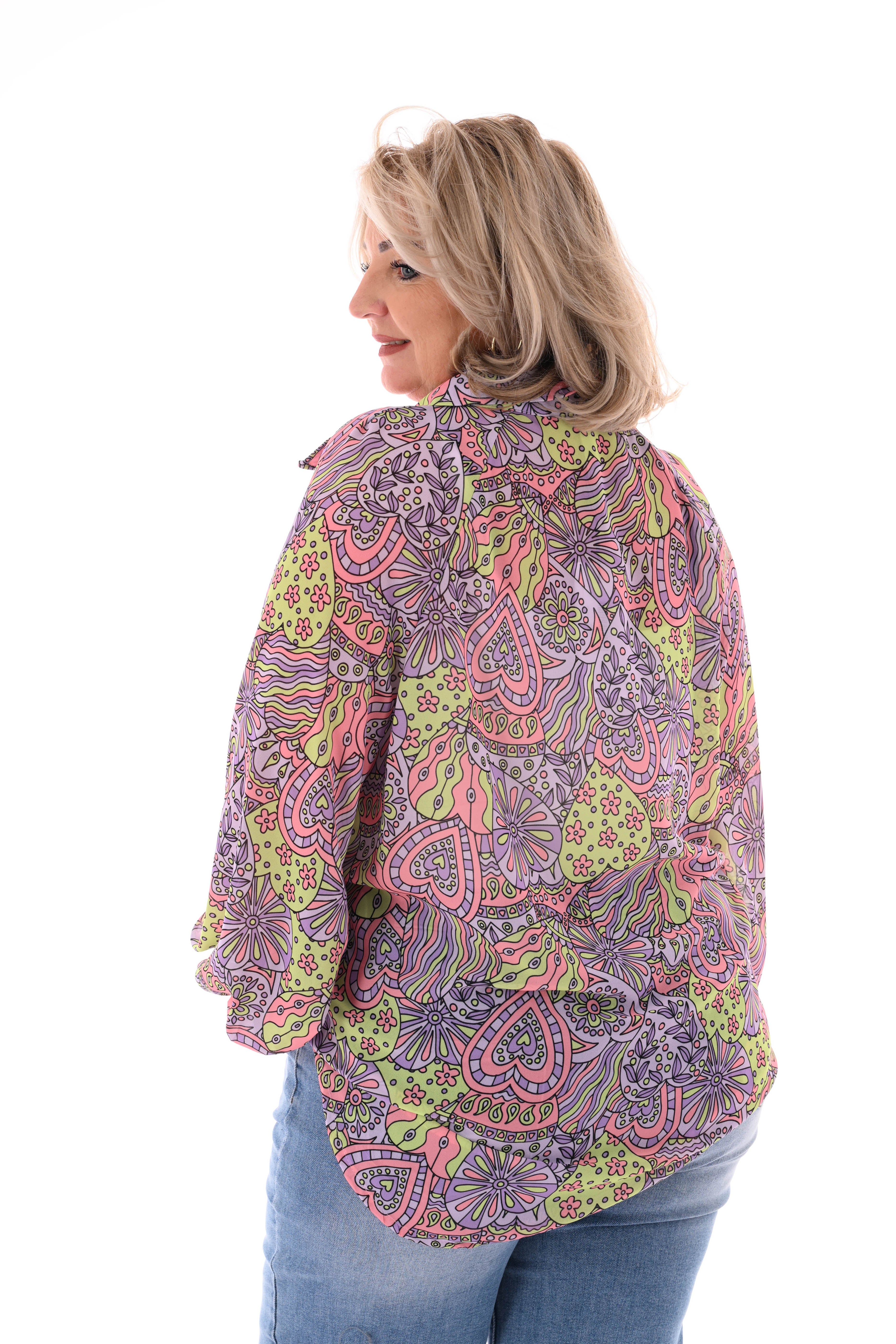 Blouse v-hals mixed print lila/lichtroze