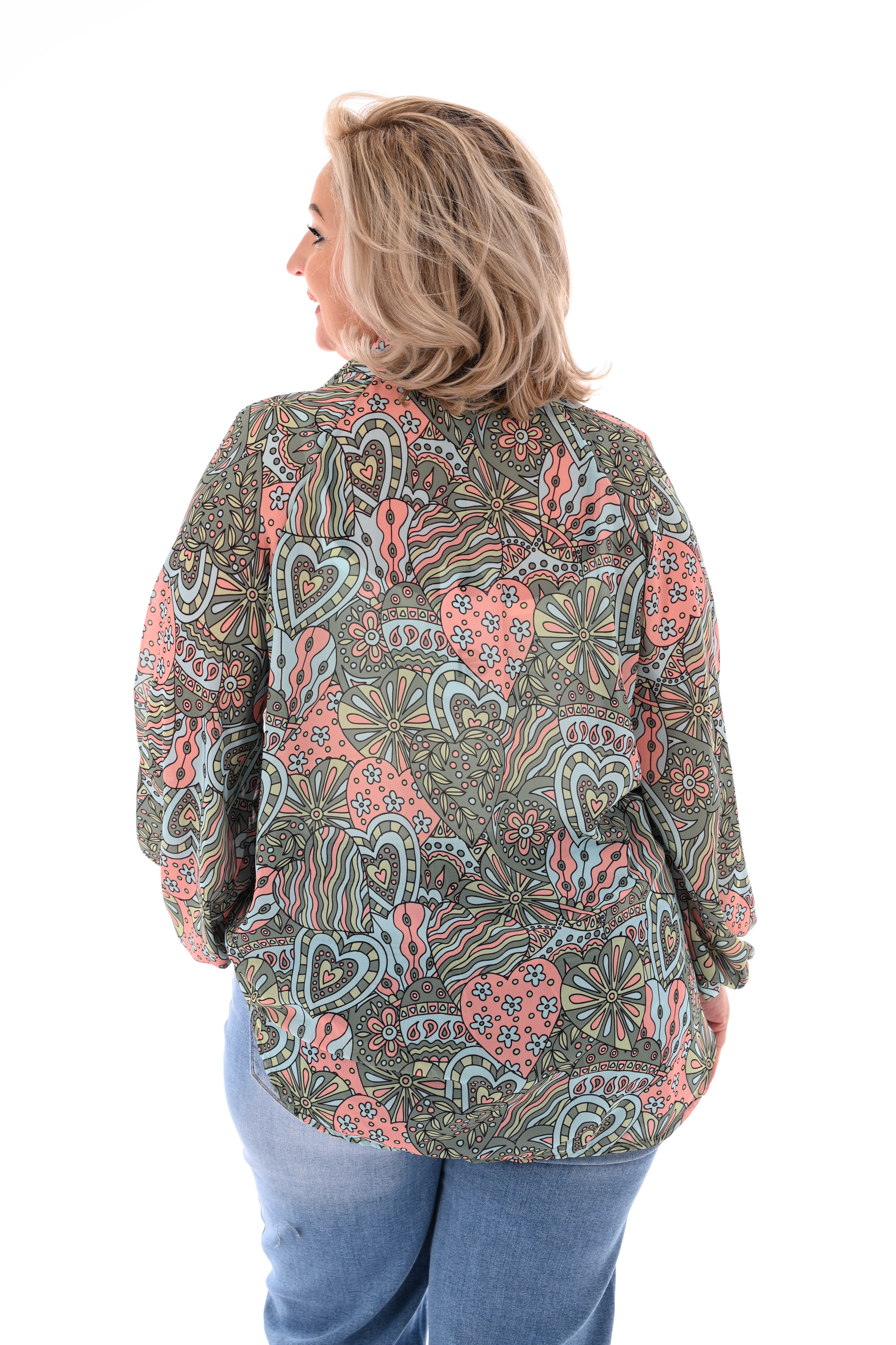 Blouse v-hals mixed print groen/zalm