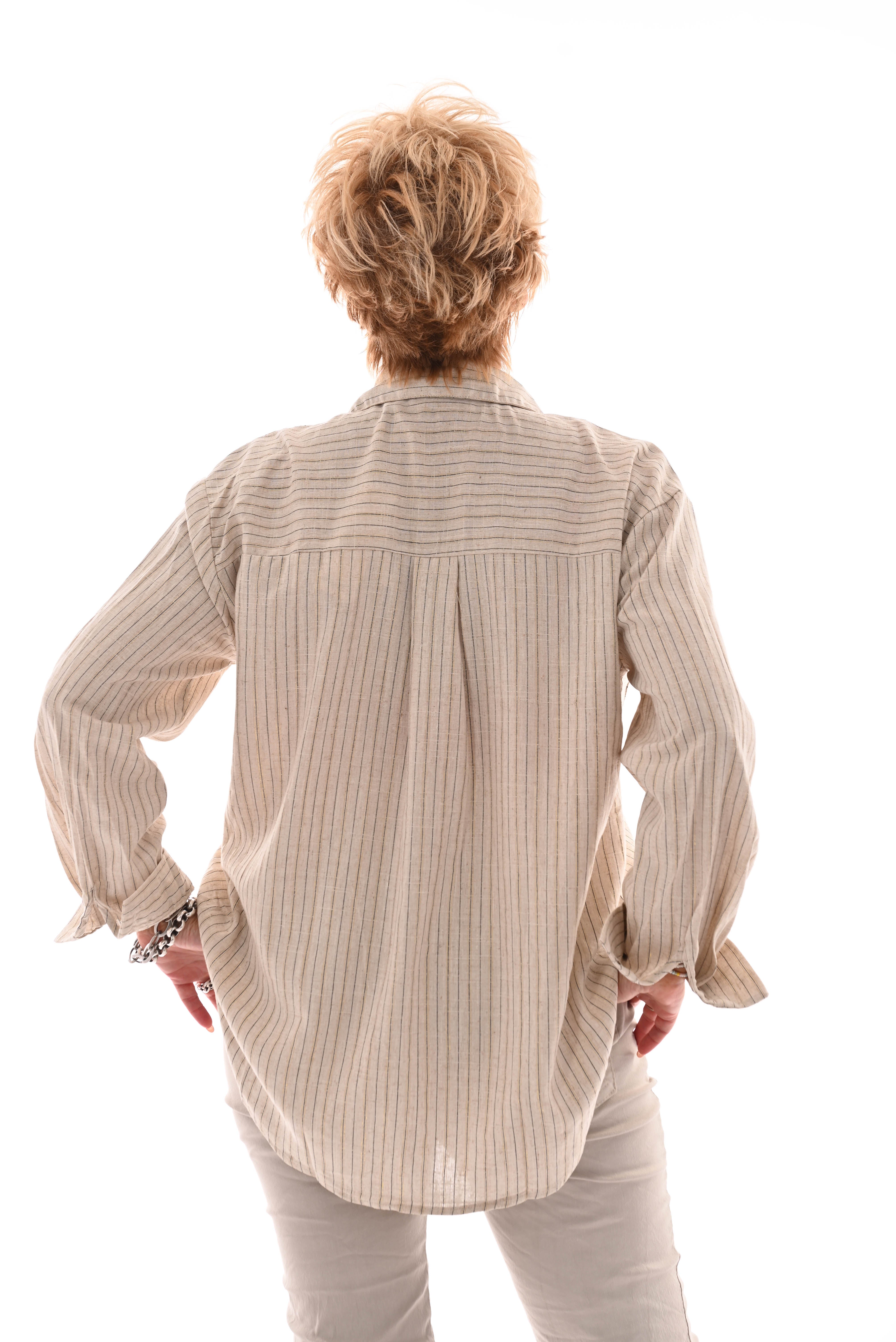 Katoenen blouse strepen lurex beige