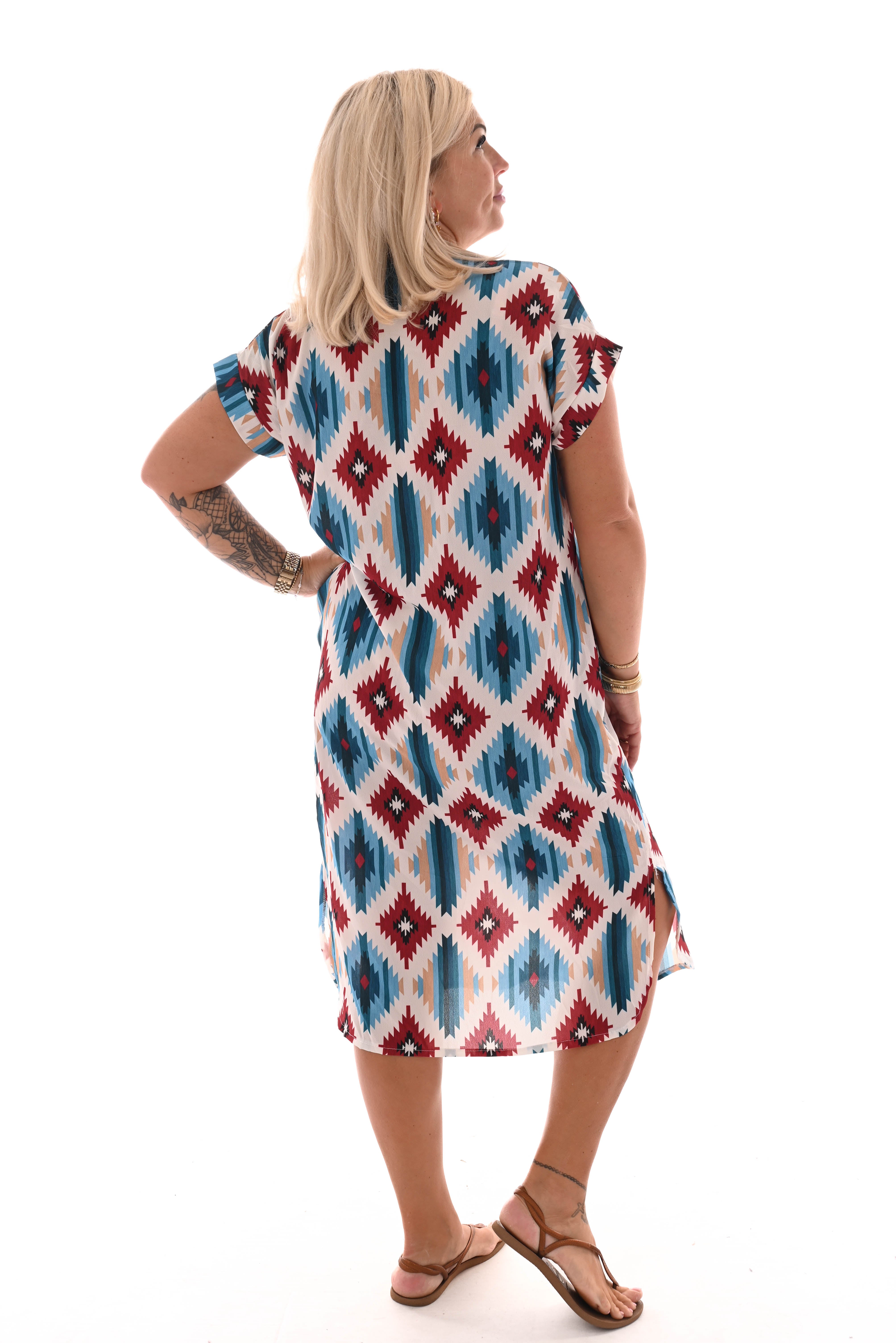 Tuniek v-hals aztec ruit wit/blauw