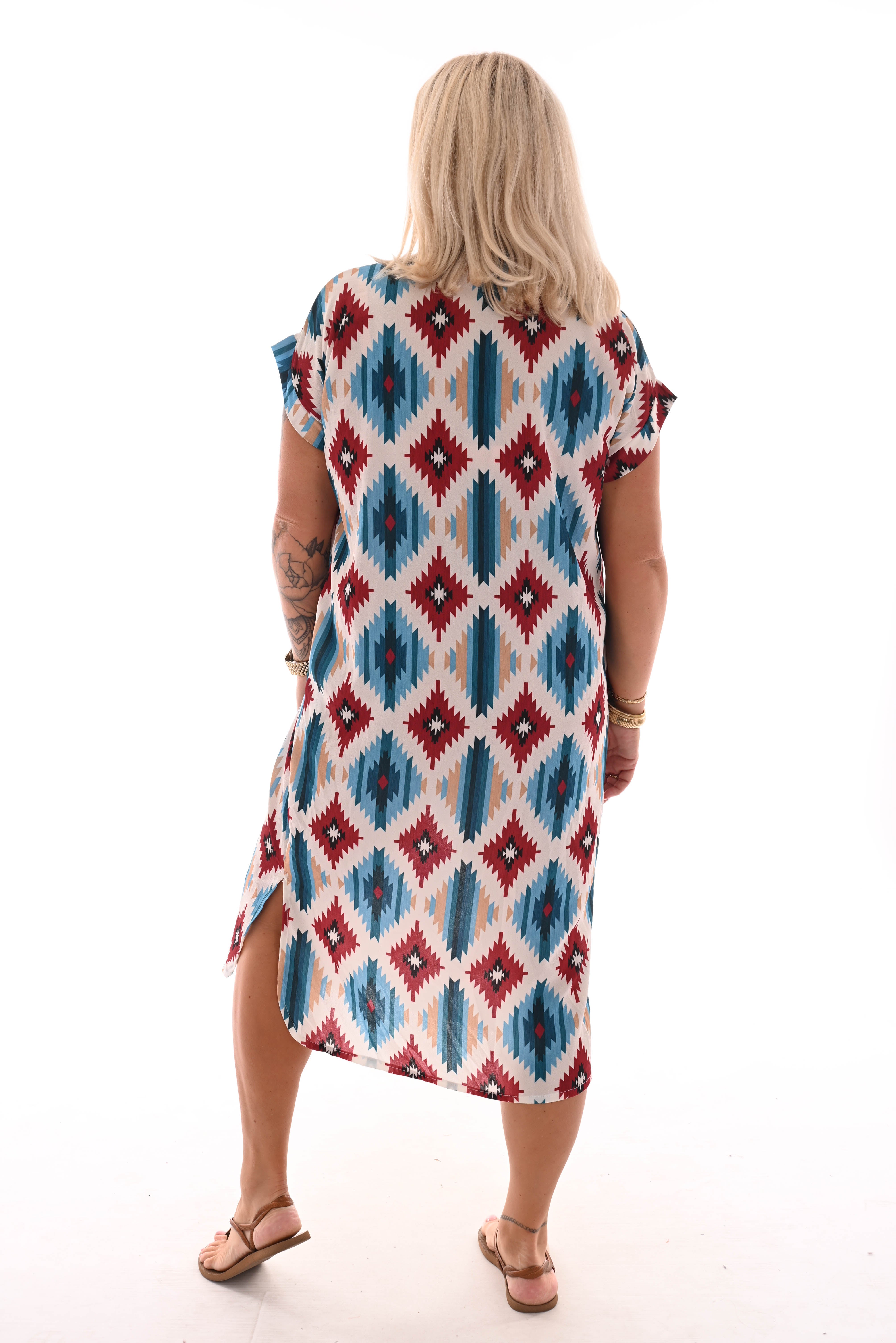 Tuniek v-hals aztec ruit wit/blauw