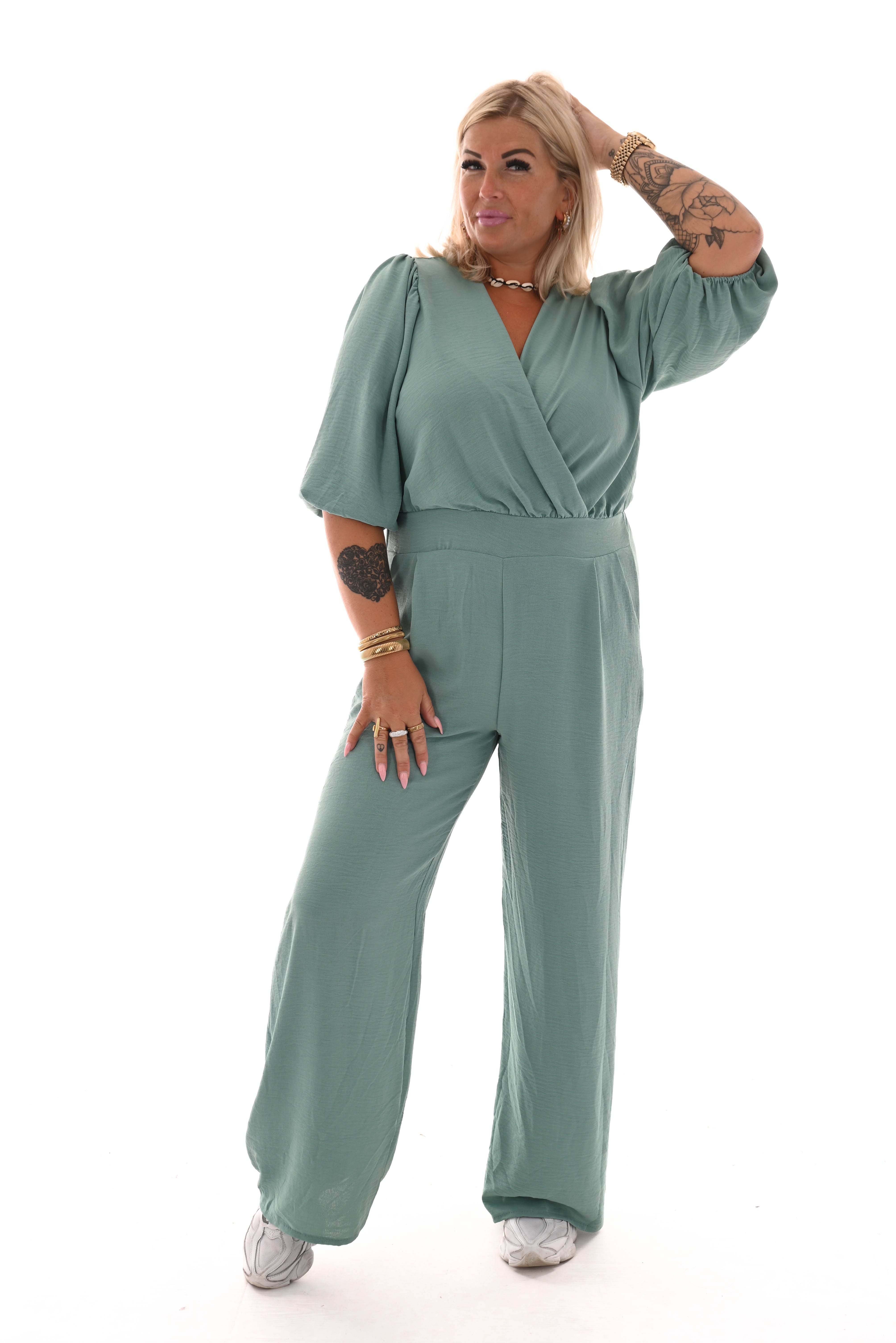 Jumpsuit overslag uni turquoise