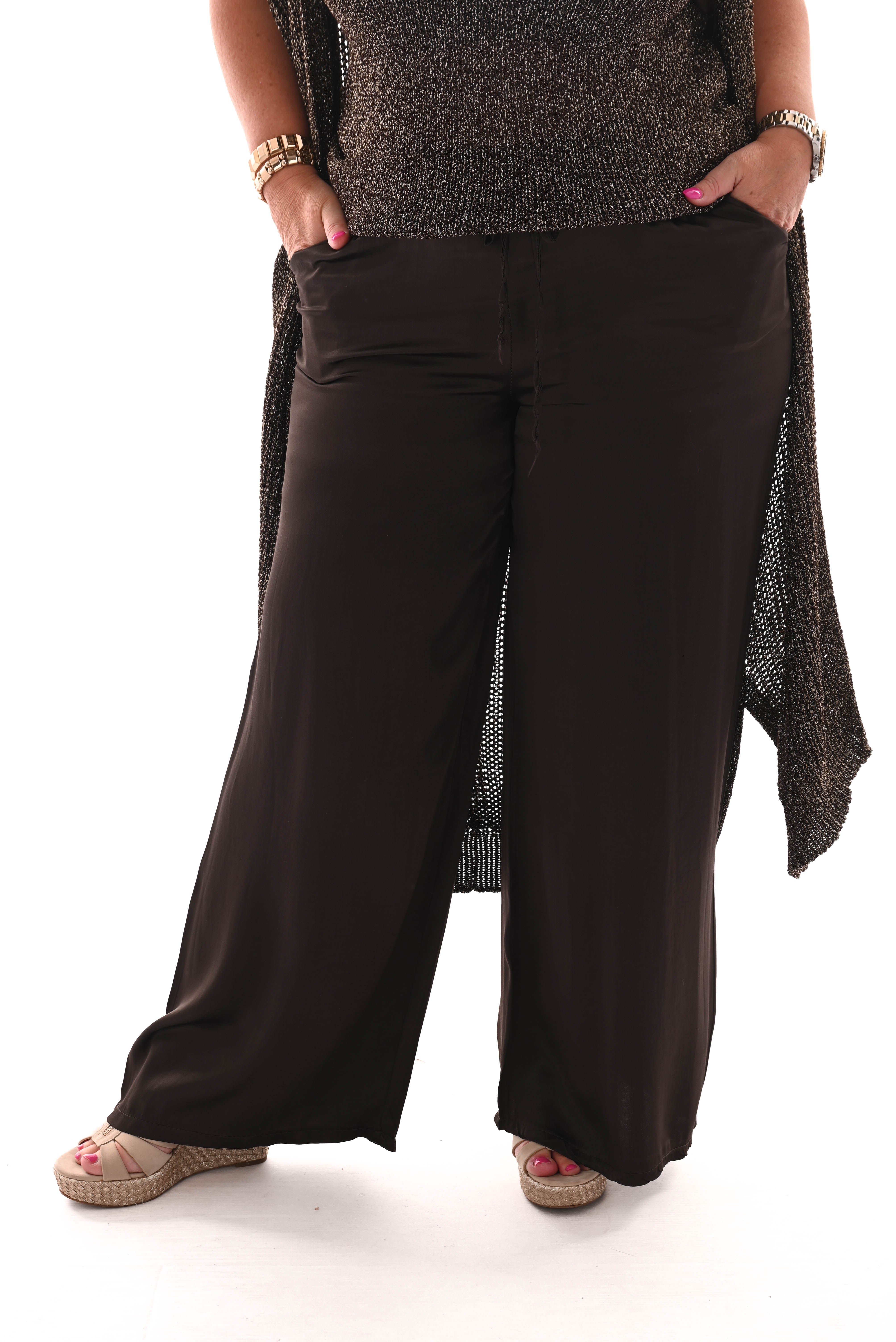 Wijde broek silky donkerbruin