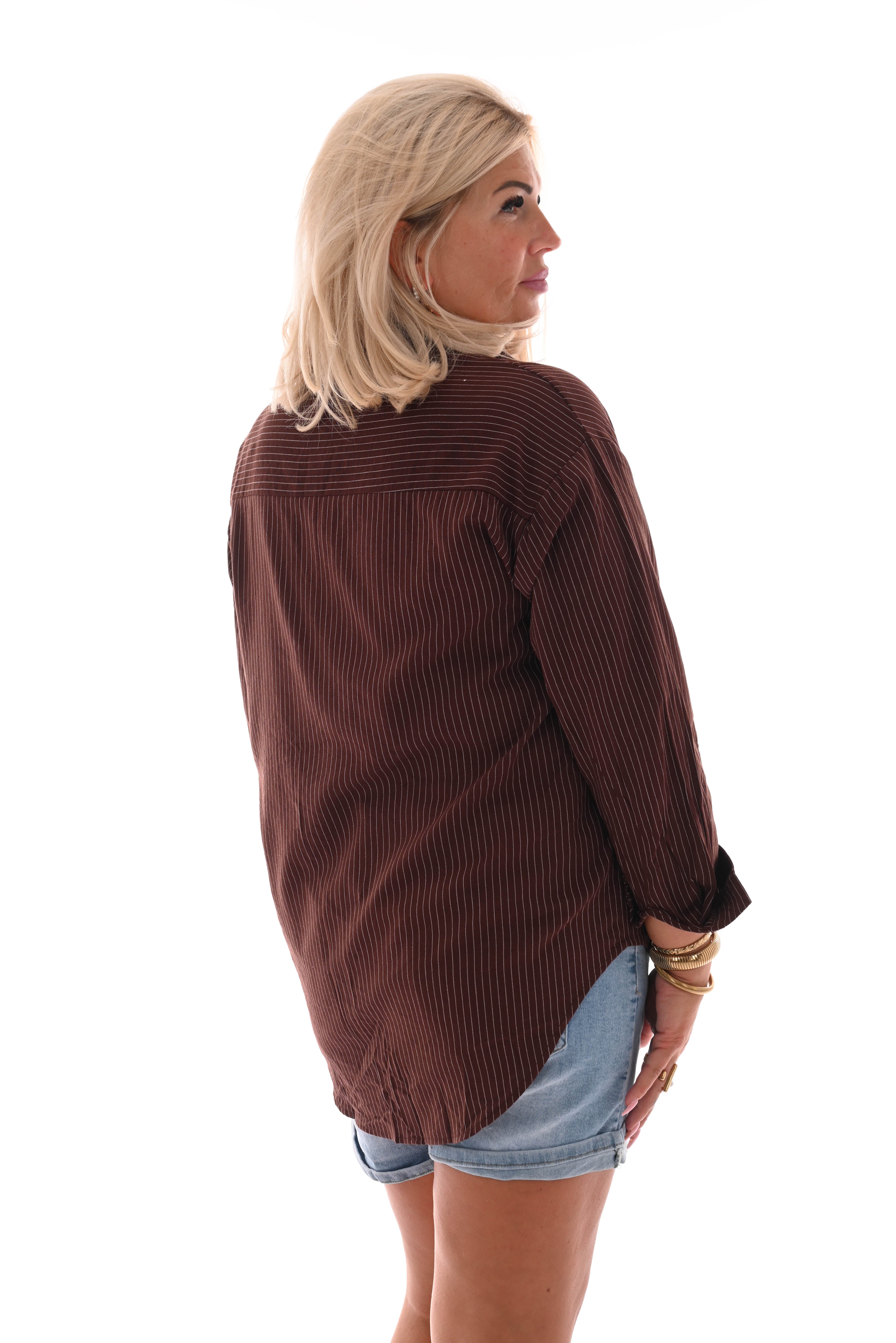 Blouse gestreept applicatie donkerbruin