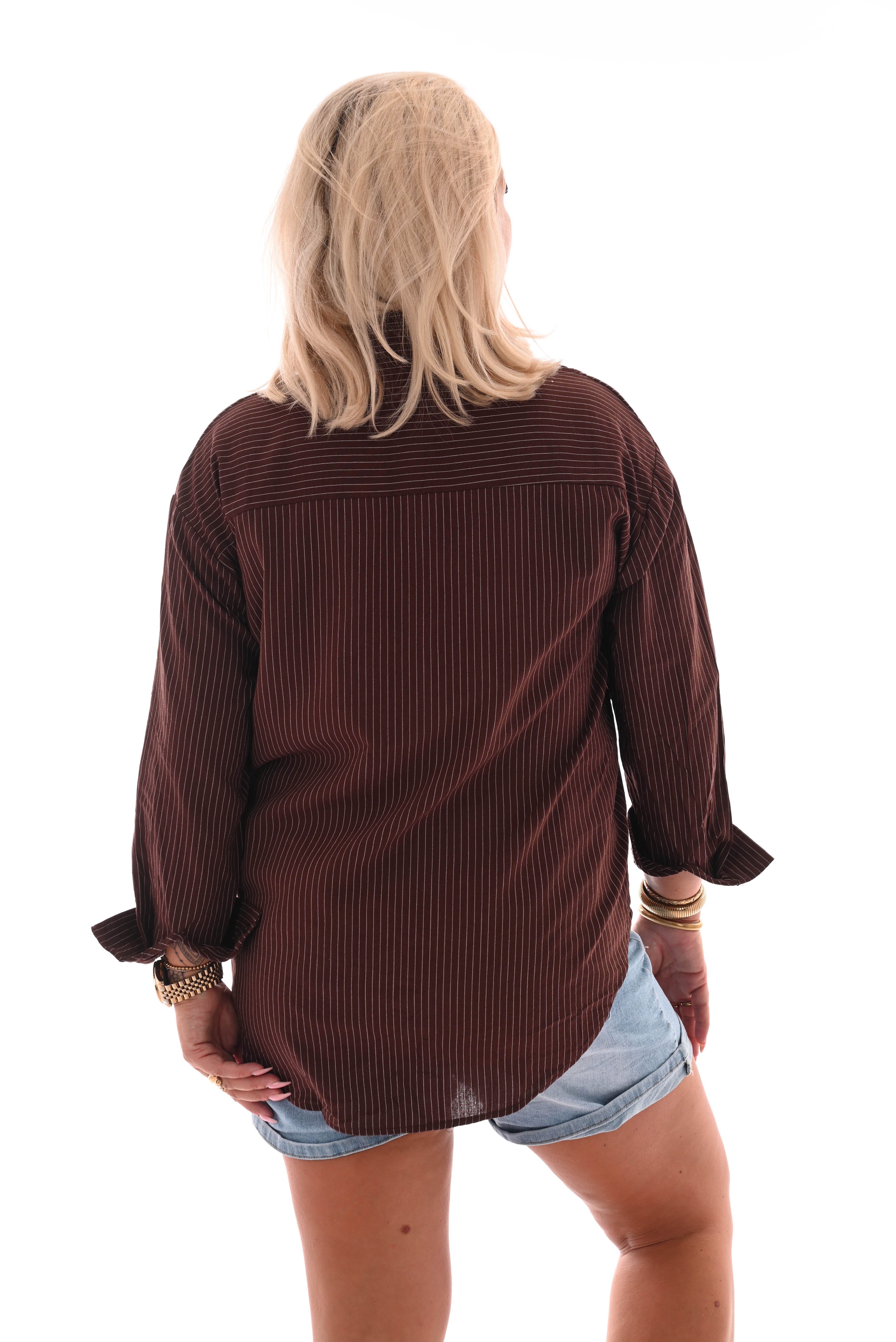 Blouse gestreept applicatie donkerbruin