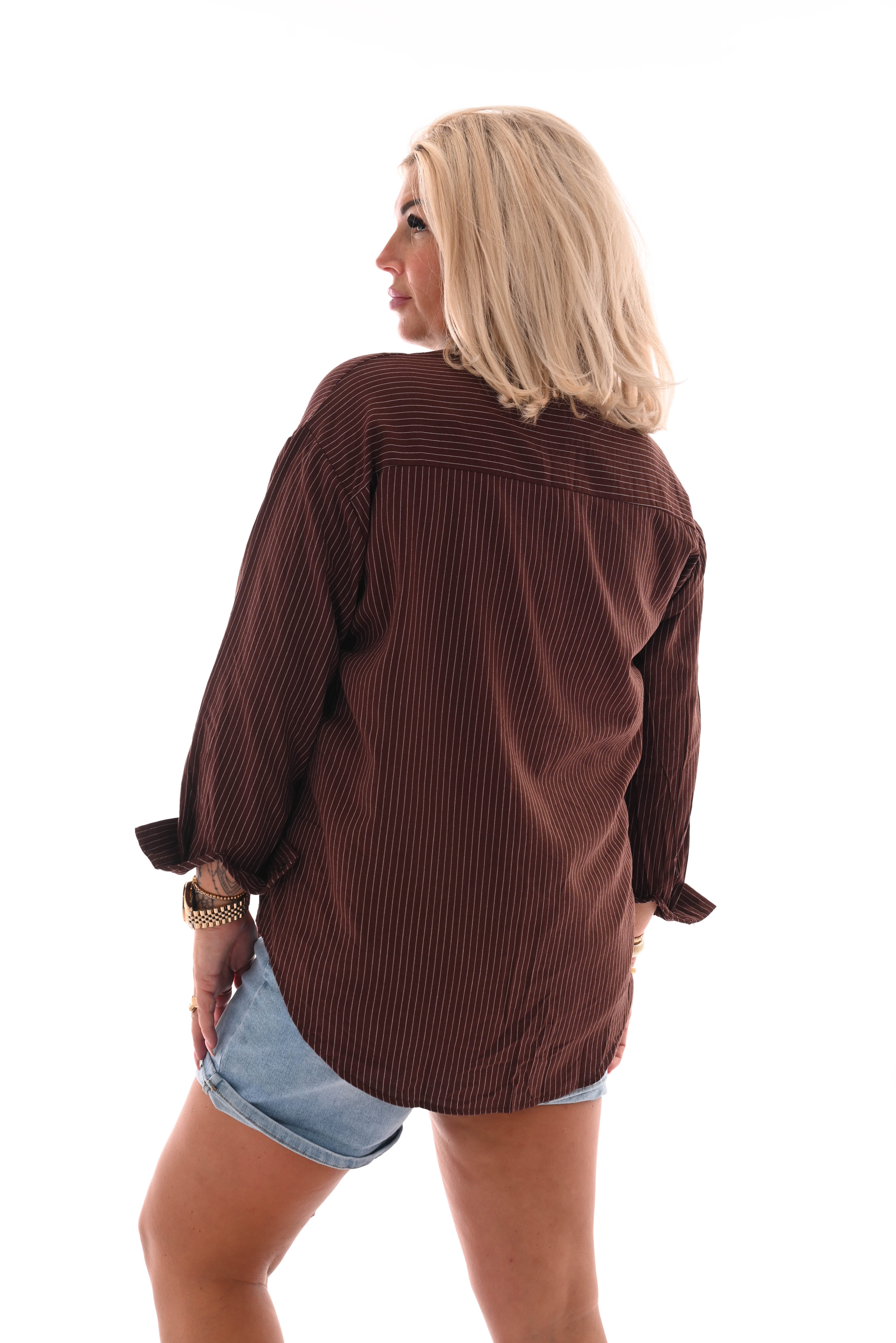 Blouse gestreept applicatie donkerbruin