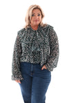 Doorknoop blouse roezels met trompetmouwen flessengroen