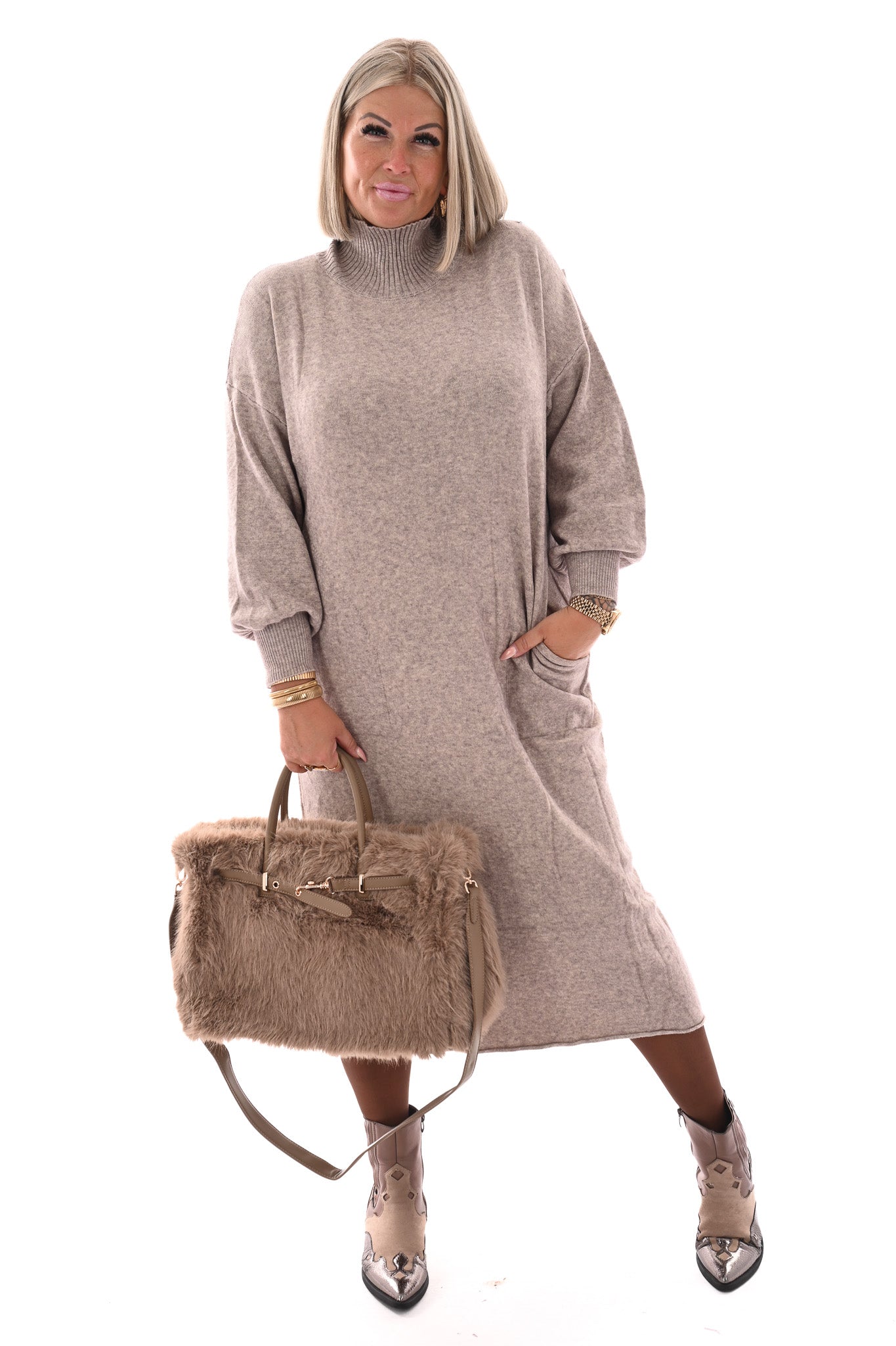 Lange jurk met col taupe