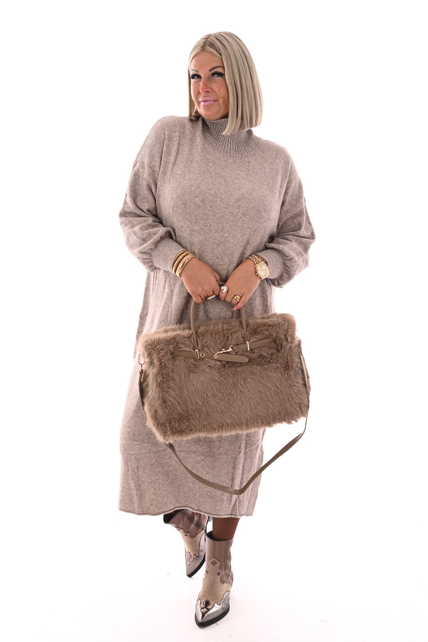 Lange jurk met col taupe