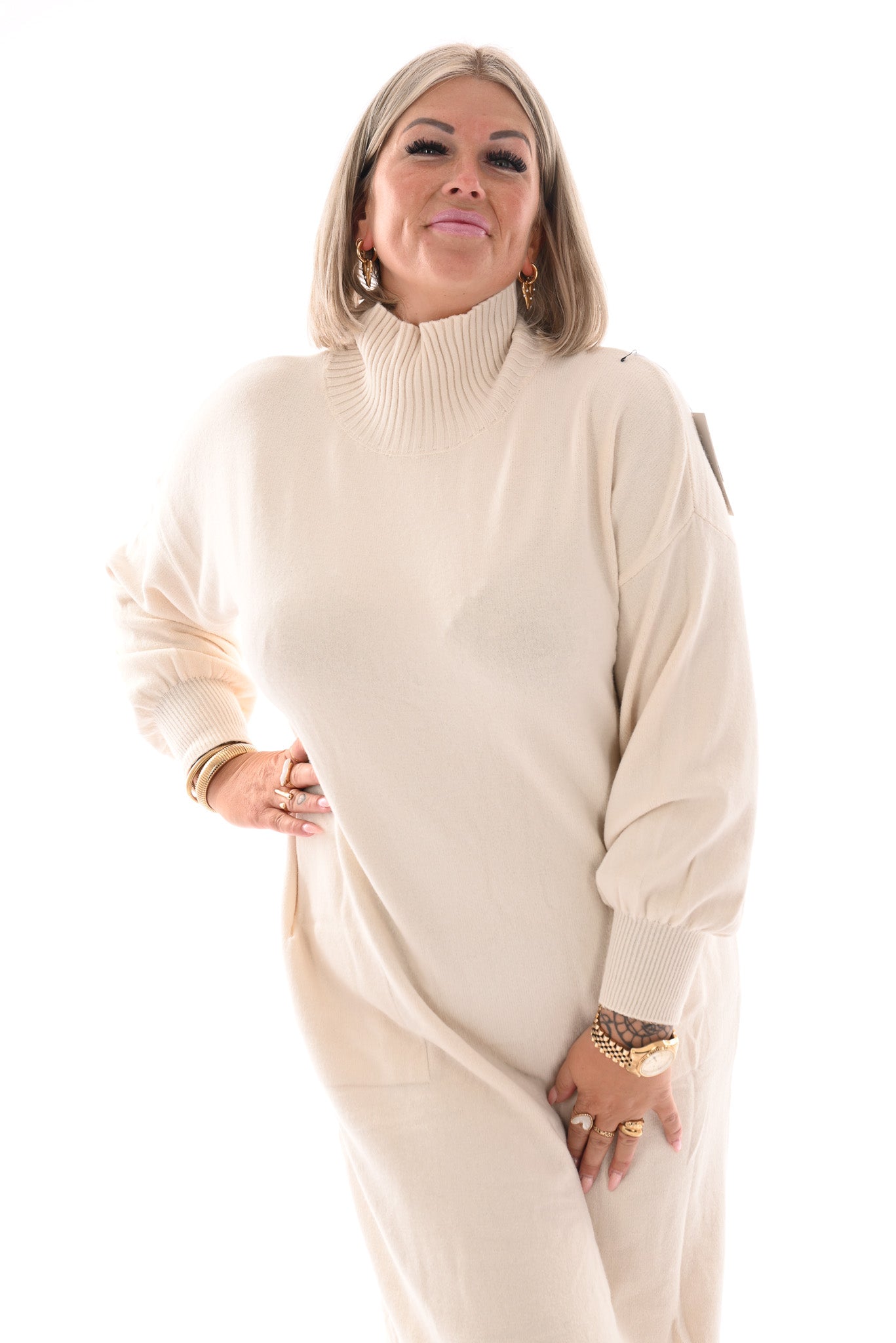 Lange jurk met col creme