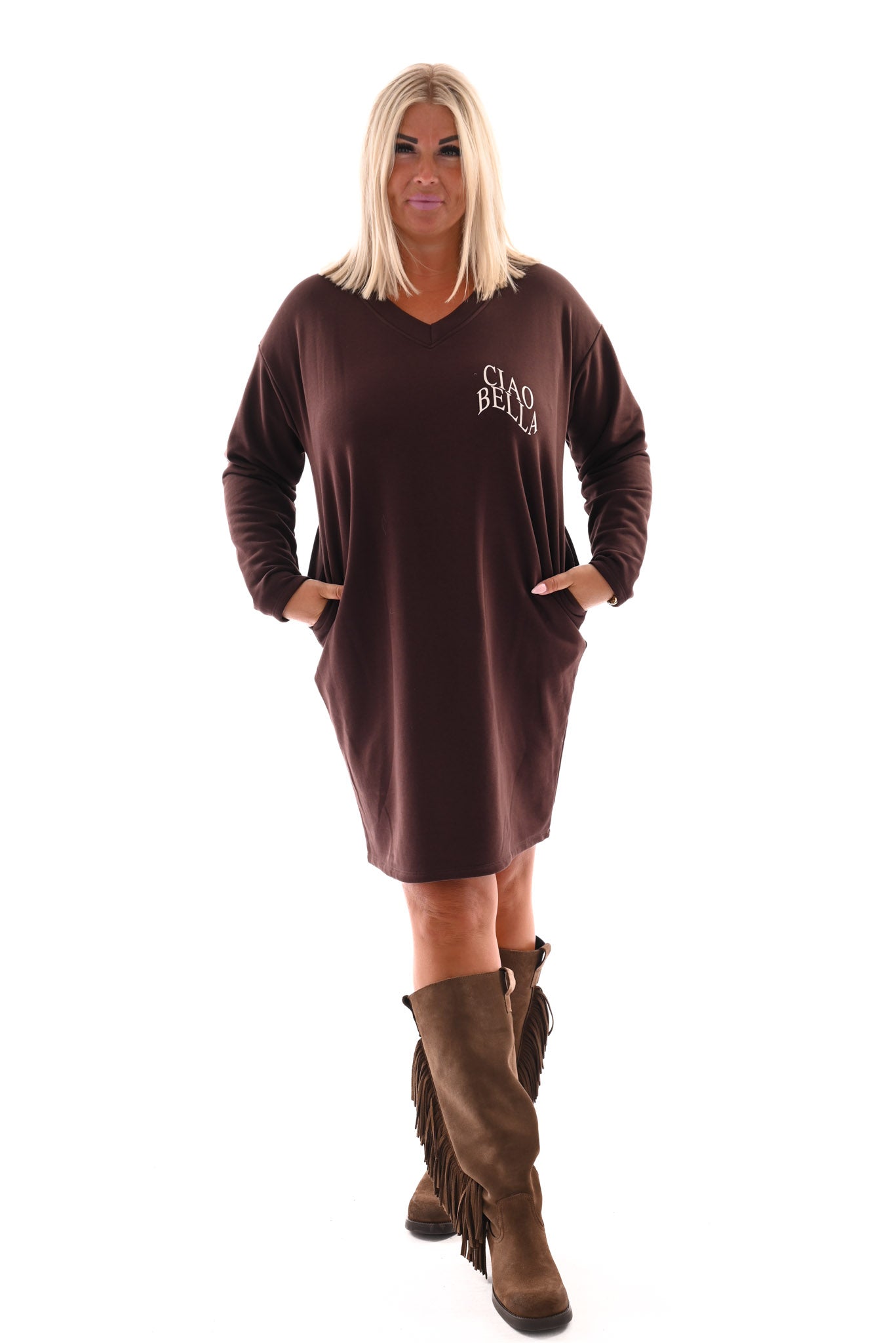 Sweaterdress v-hals ciao bella donkerbruin