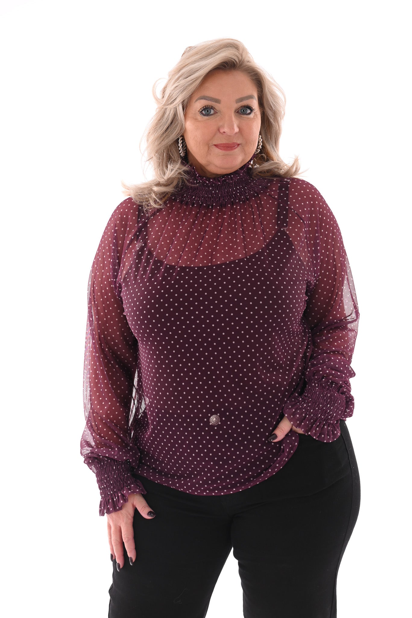 Top kleine dots smock kraag paars