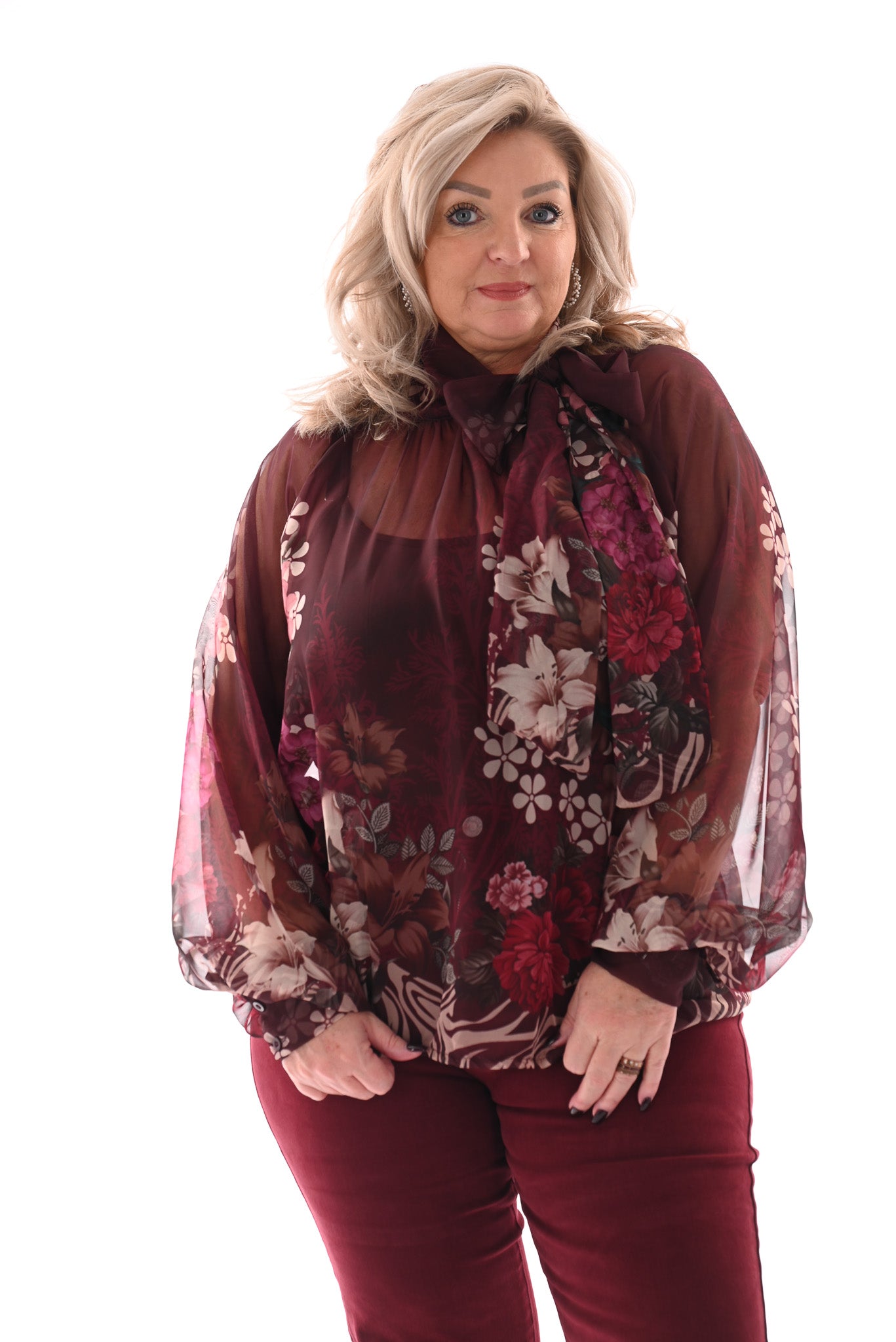 Blouse met strik bloemen bordeaux