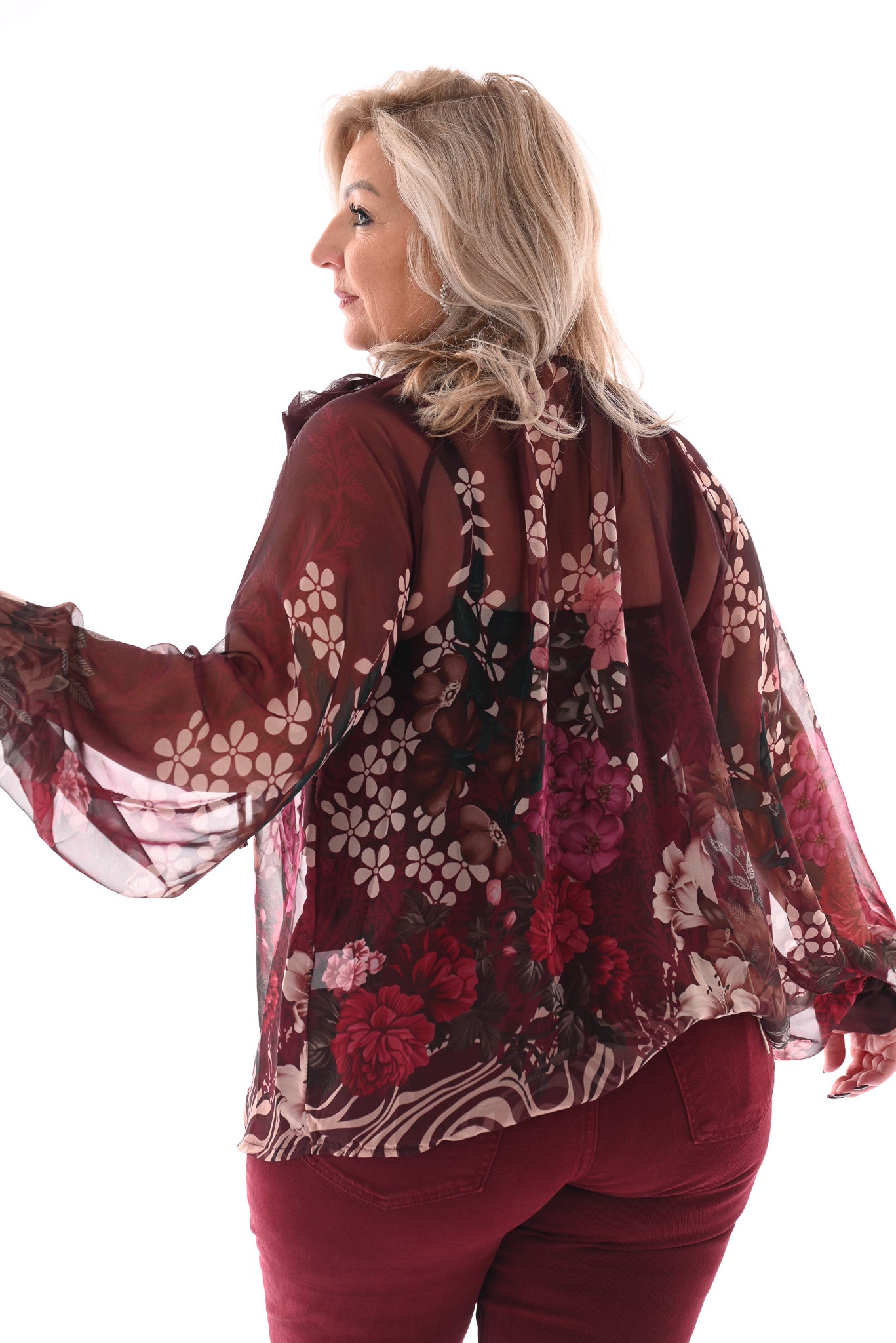 Blouse met strik bloemen bordeaux