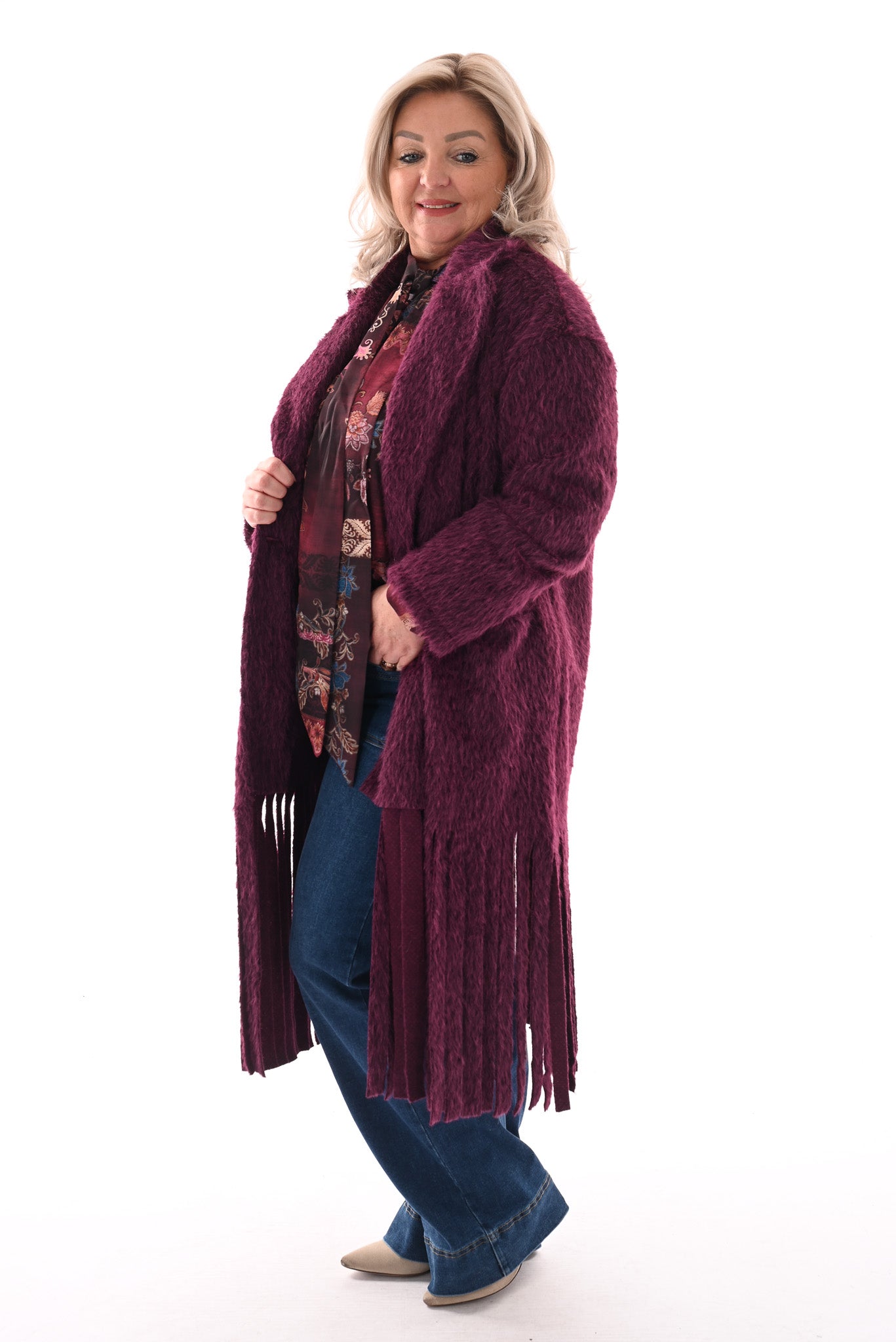 Faux fur jas franjes aubergine